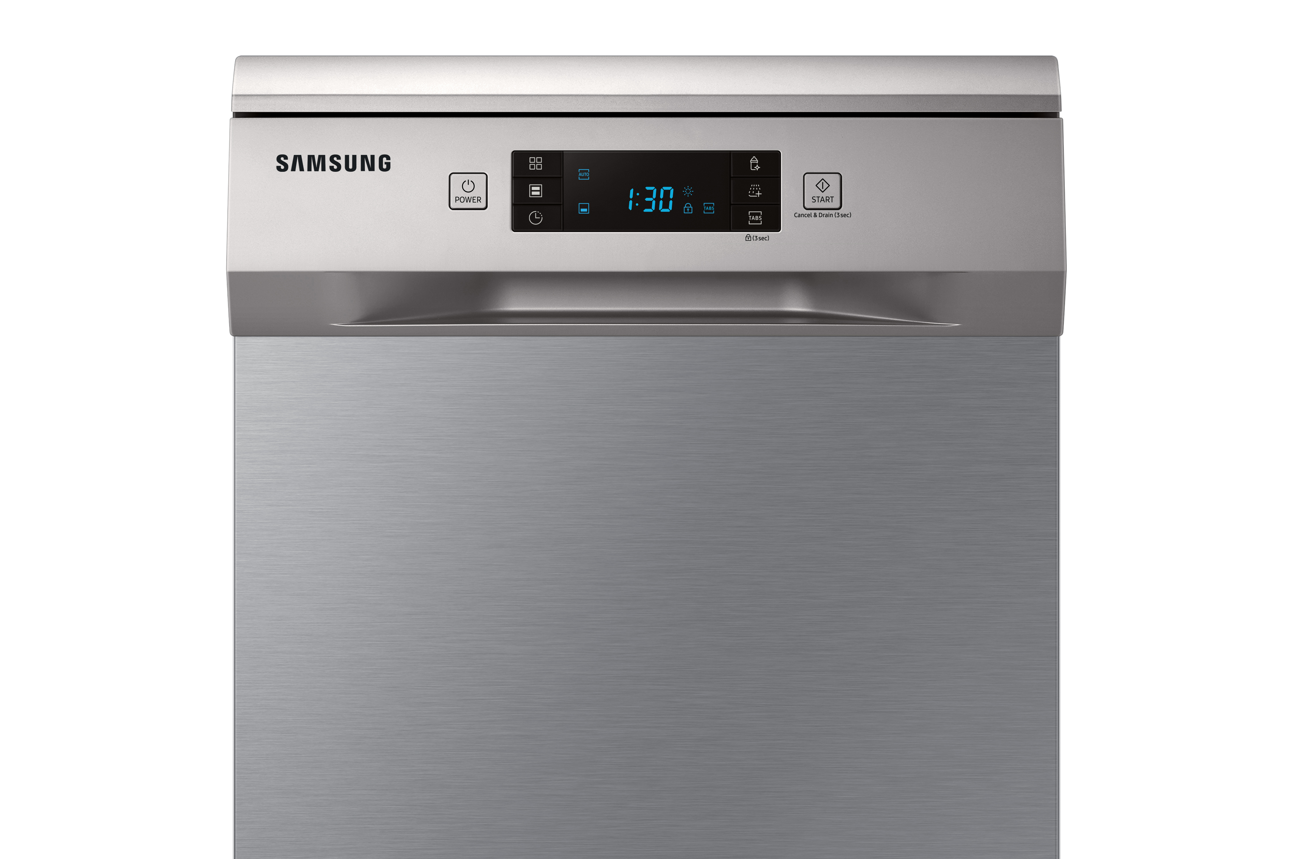 Panel de control de lavavajillas Samsung plateado. La pantalla muestra 1:30 y otros iconos.