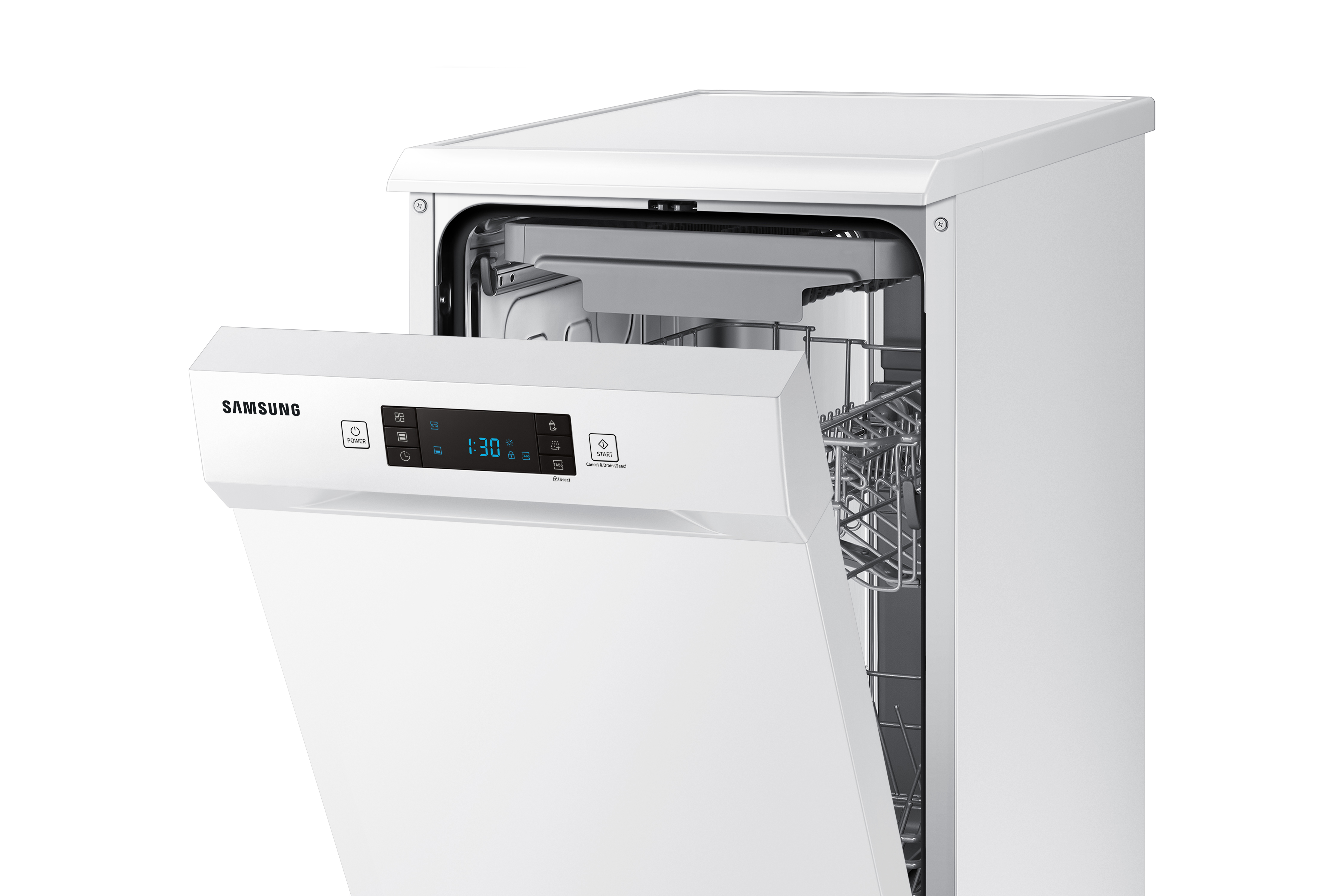 Lavavajillas Samsung blanco con puerta abierta. La pantalla muestra la hora, primer plano.