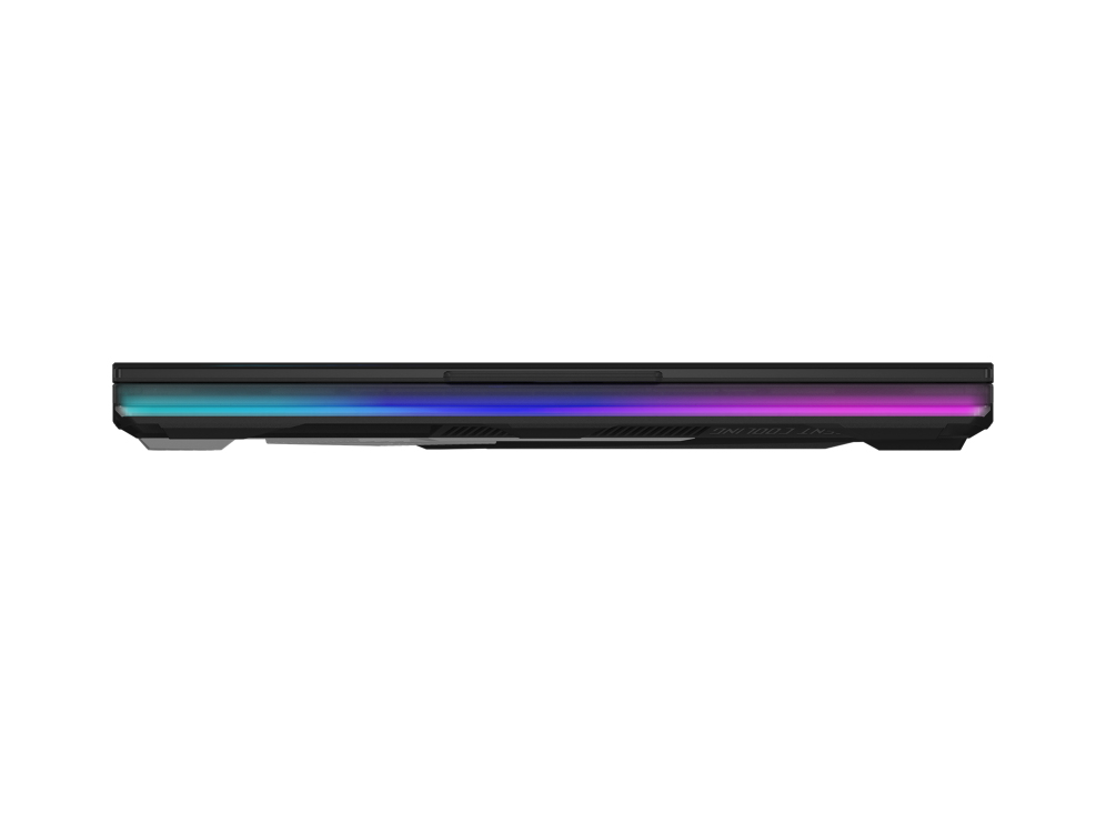 Un portátil negro visto desde arriba. La parte inferior tiene una tira de luz multicolor.
