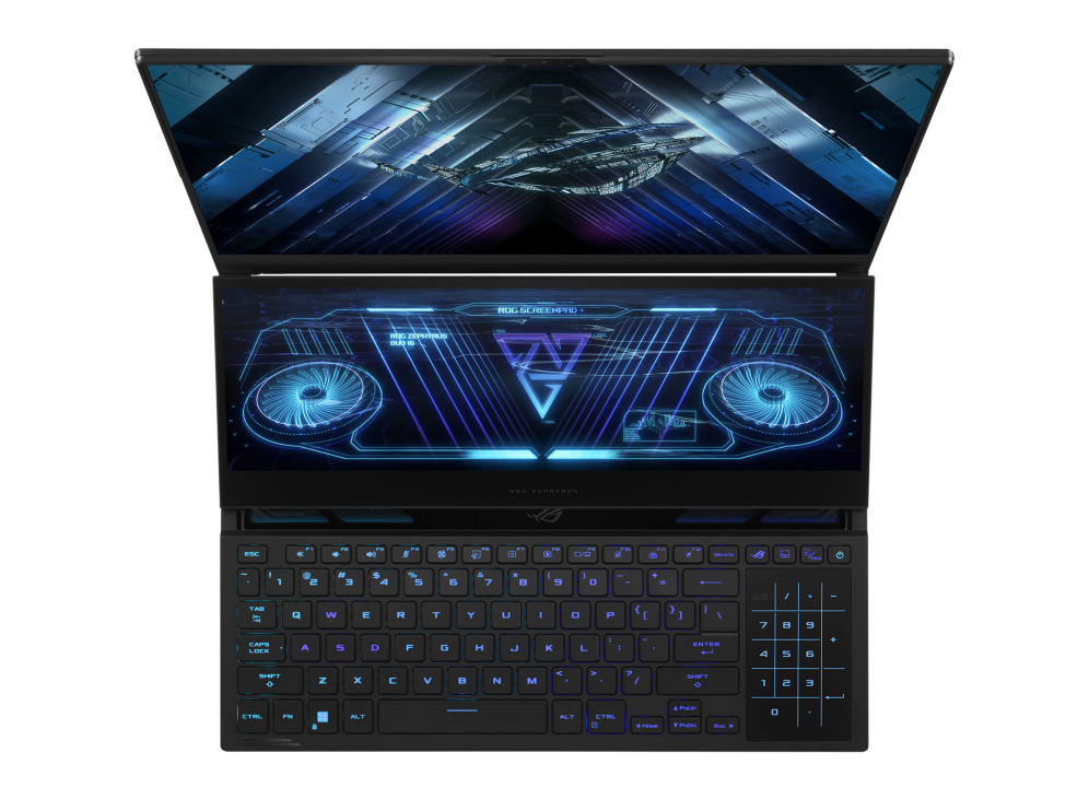 Un portátil de juegos negro abierto con teclado, pantalla secundaria y un diseño futurista.
