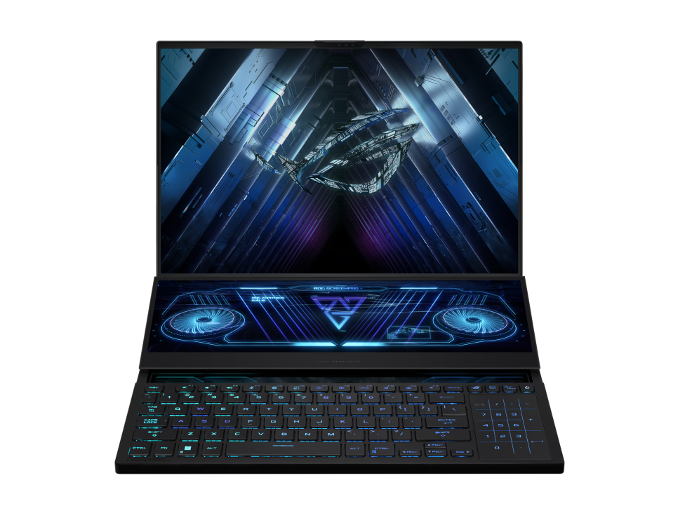 Un portátil negro con dos pantallas, un teclado y un gráfico futurista en la pantalla superior.