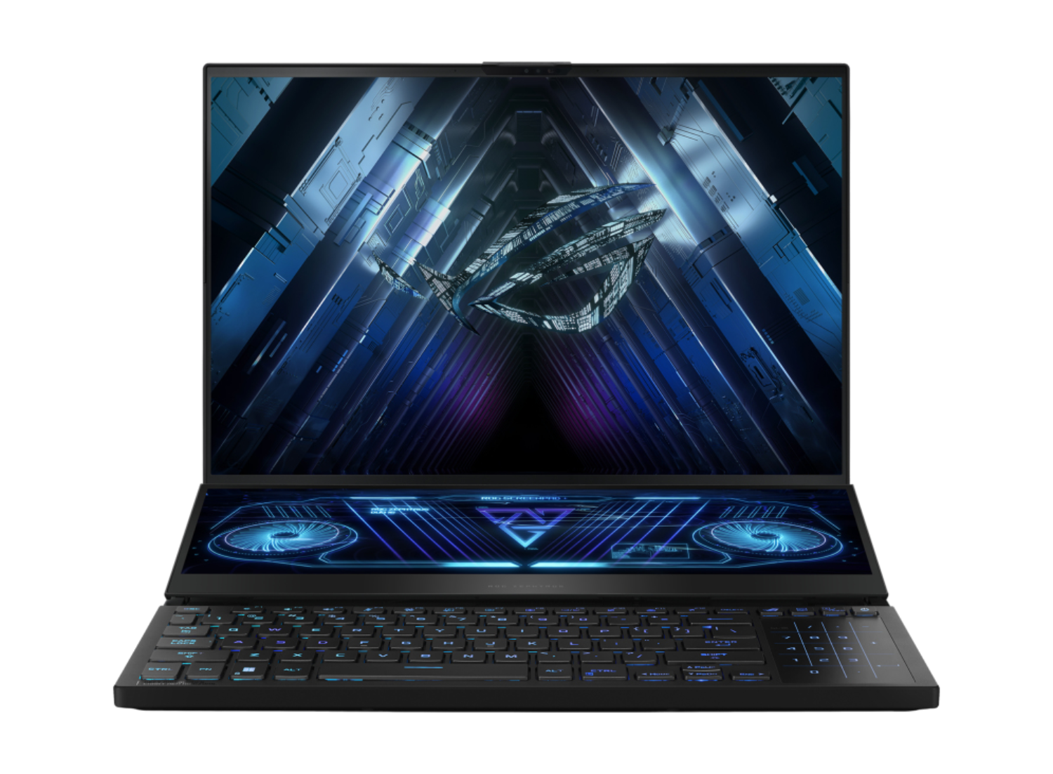 Ordenador portátil negro con dos pantallas abiertas, que muestran una escena futurista. El teclado también está iluminado.