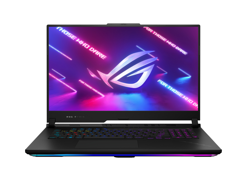 Laptop ROG Strix negro con teclado retroiluminado, abierto.