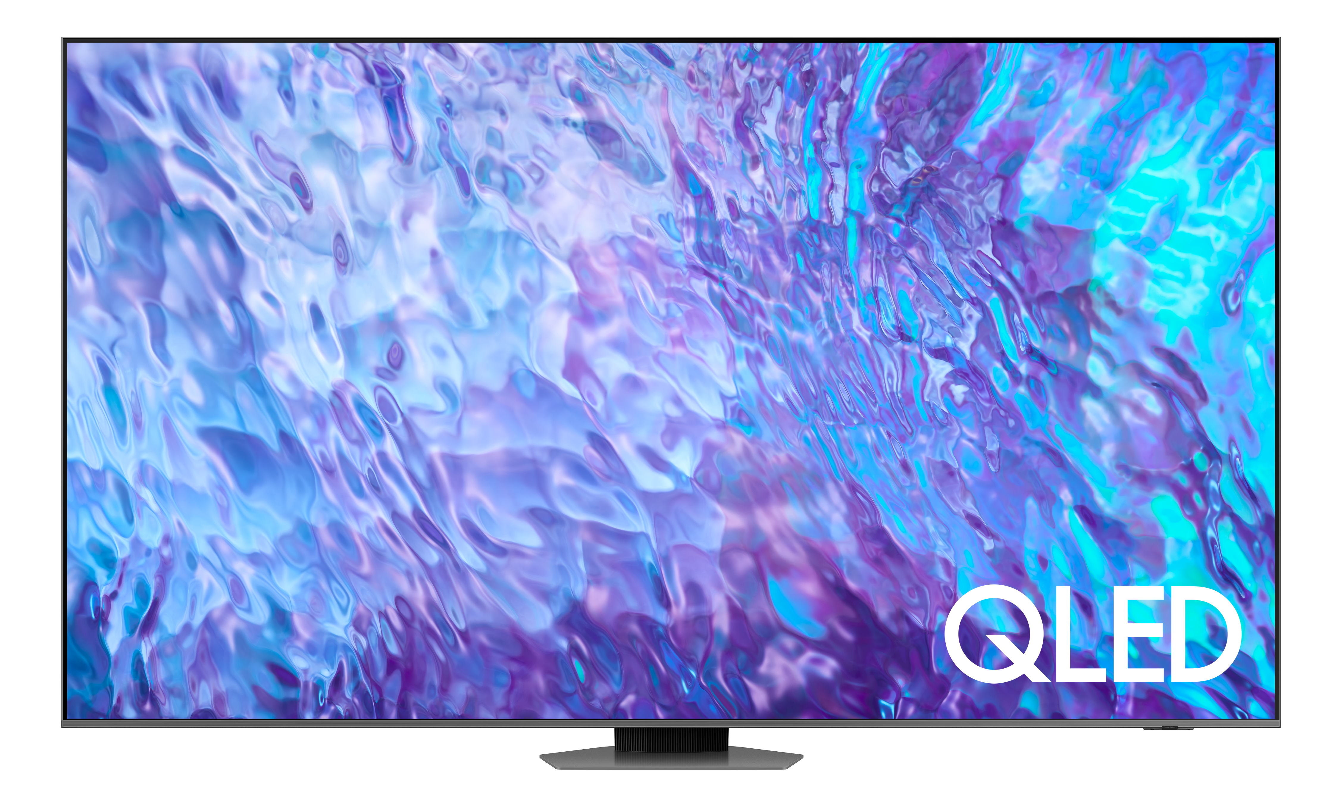 QLED-Fernseher mit silbernem Ständer. Der Bildschirm zeigt ein blaues und lila abstraktes Muster.