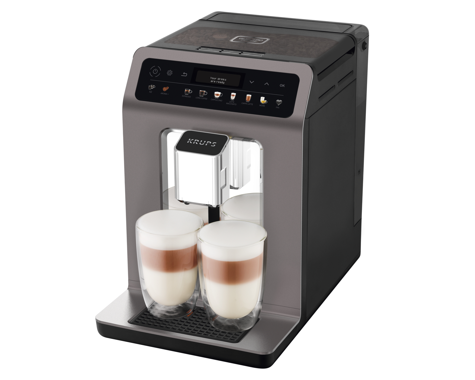 İki bardak latte ile Krups kahve makinesi, ekranı ve düğmeleri gösteriyor.