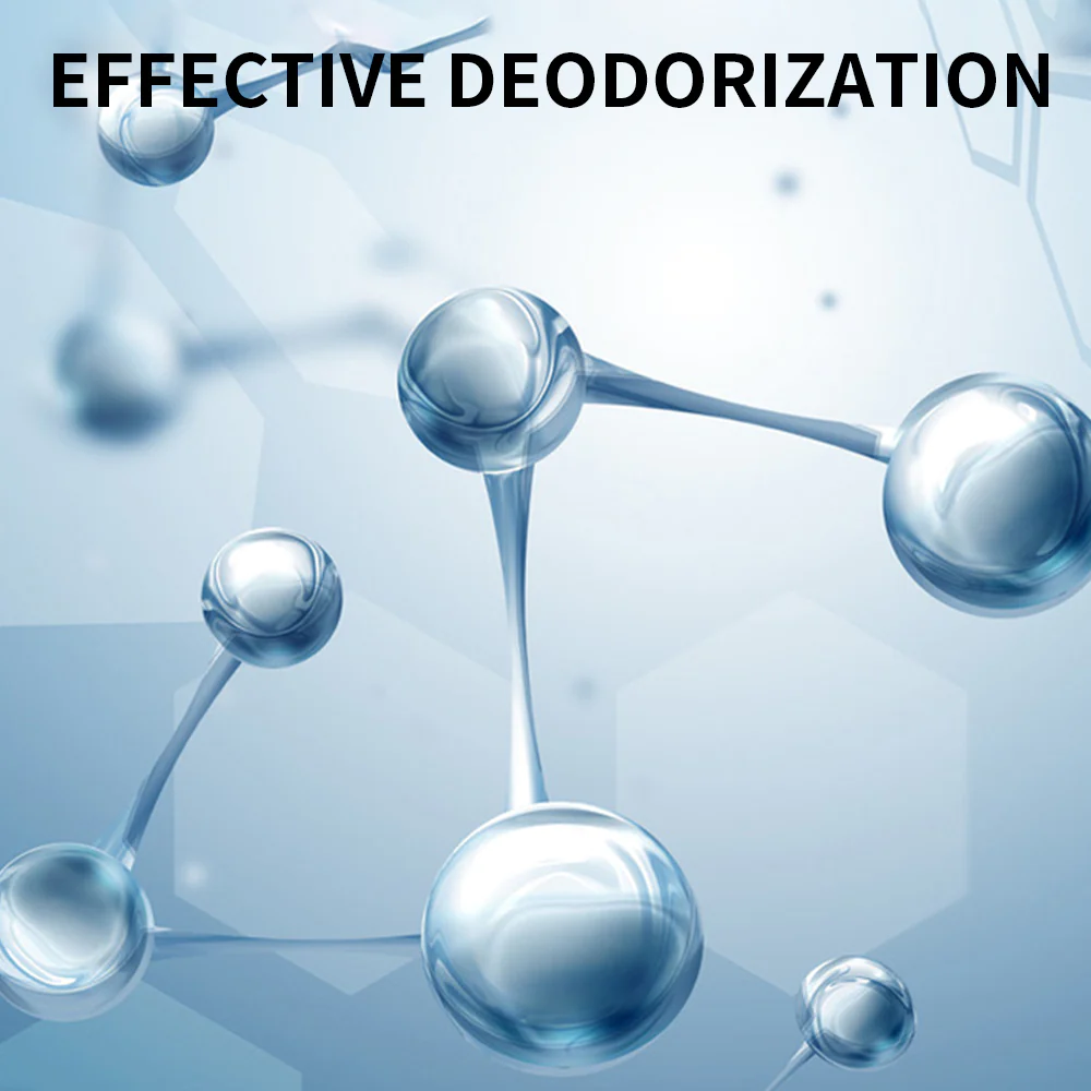 Immagine astratta di molecole con il testo 'EFFECTIVE DEODORIZATION' in alto.