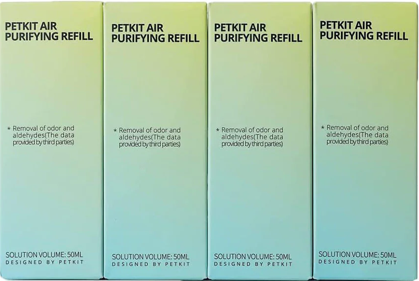 Quattro scatole di ricarica per la purificazione dell'aria PETKIT. Ogni scatola ha un testo che indica il suo scopo.
