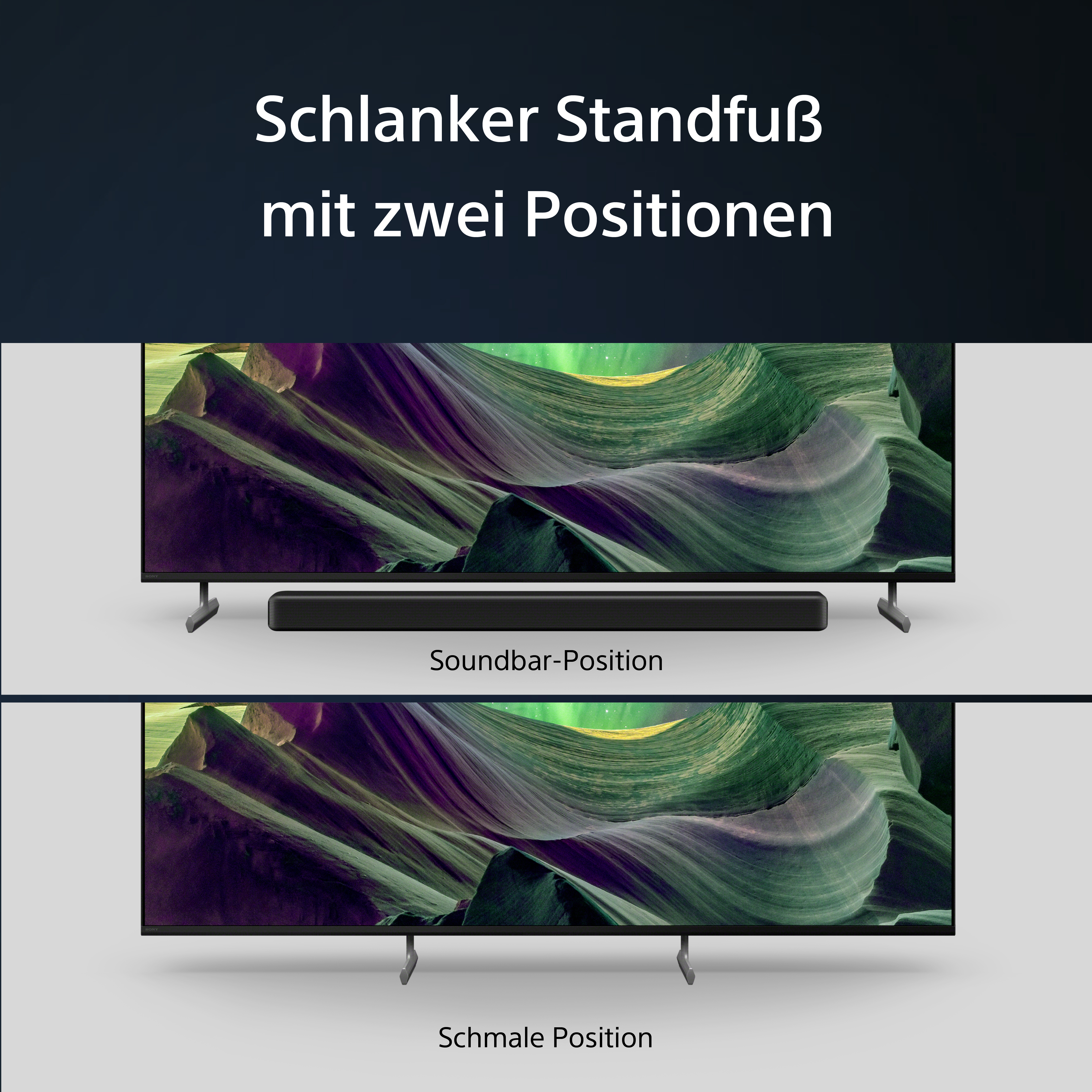 Zwei Fernseher mit Soundbar und in 'Schmale Position'. Text auf Deutsch.