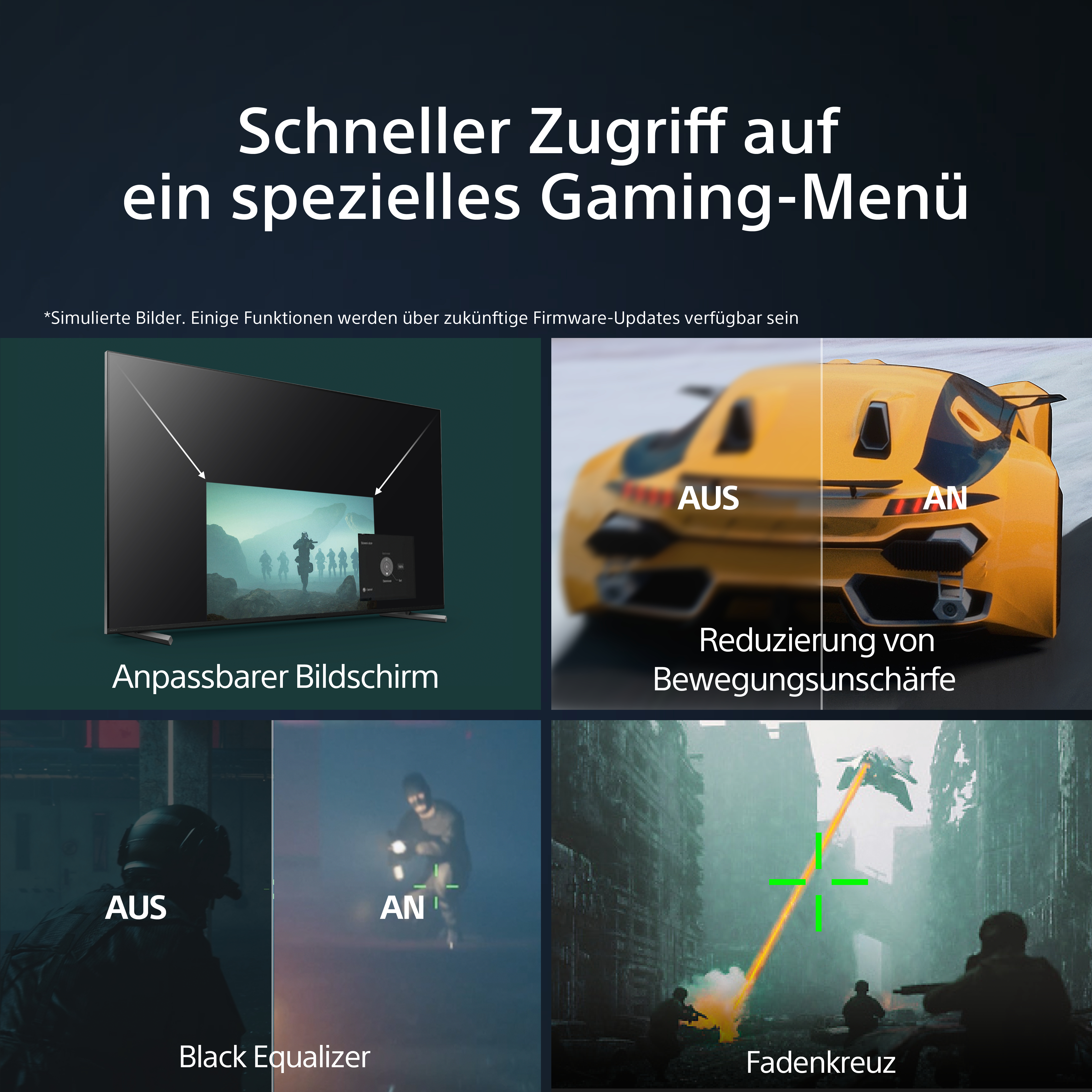Vier Bilder mit Text. Fernsehbildschirm, gelbes Auto in Bewegung, Soldat, Person mit Licht.