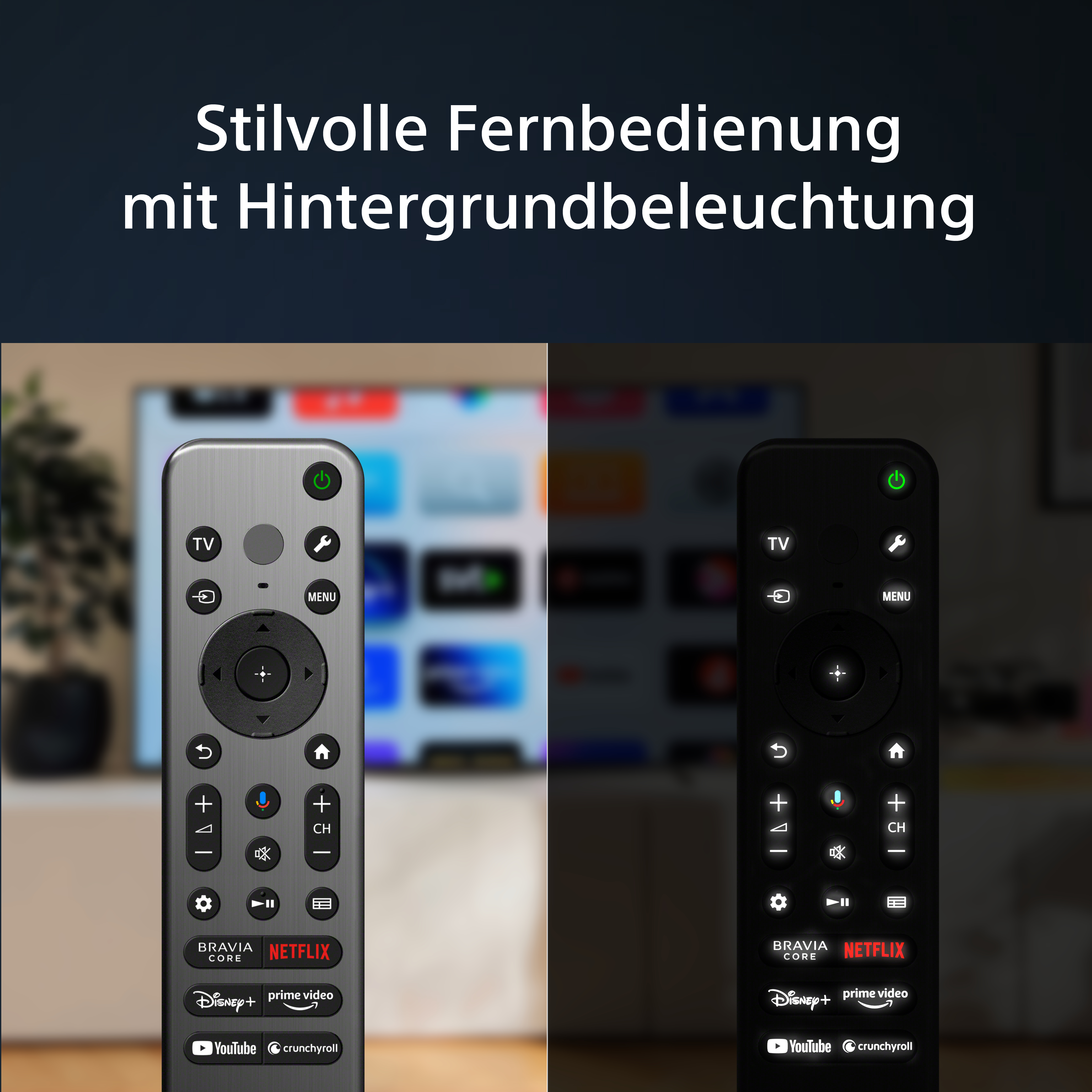 Eine beleuchtete Fernbedienung mit Ein-/Ausschalter, Tasten und Menütaste.