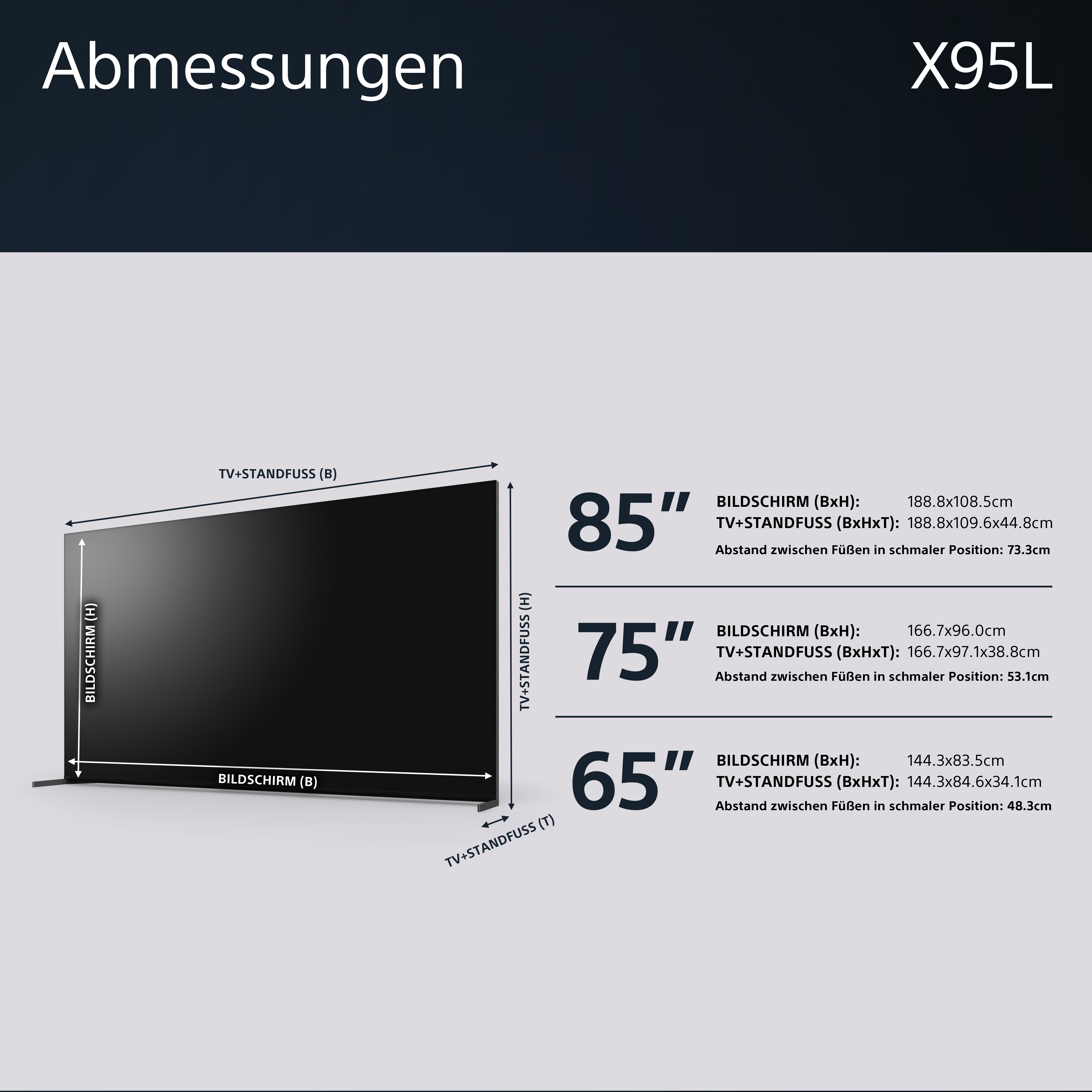 Diagramm der Abmessungen eines Großbildfernsehers.