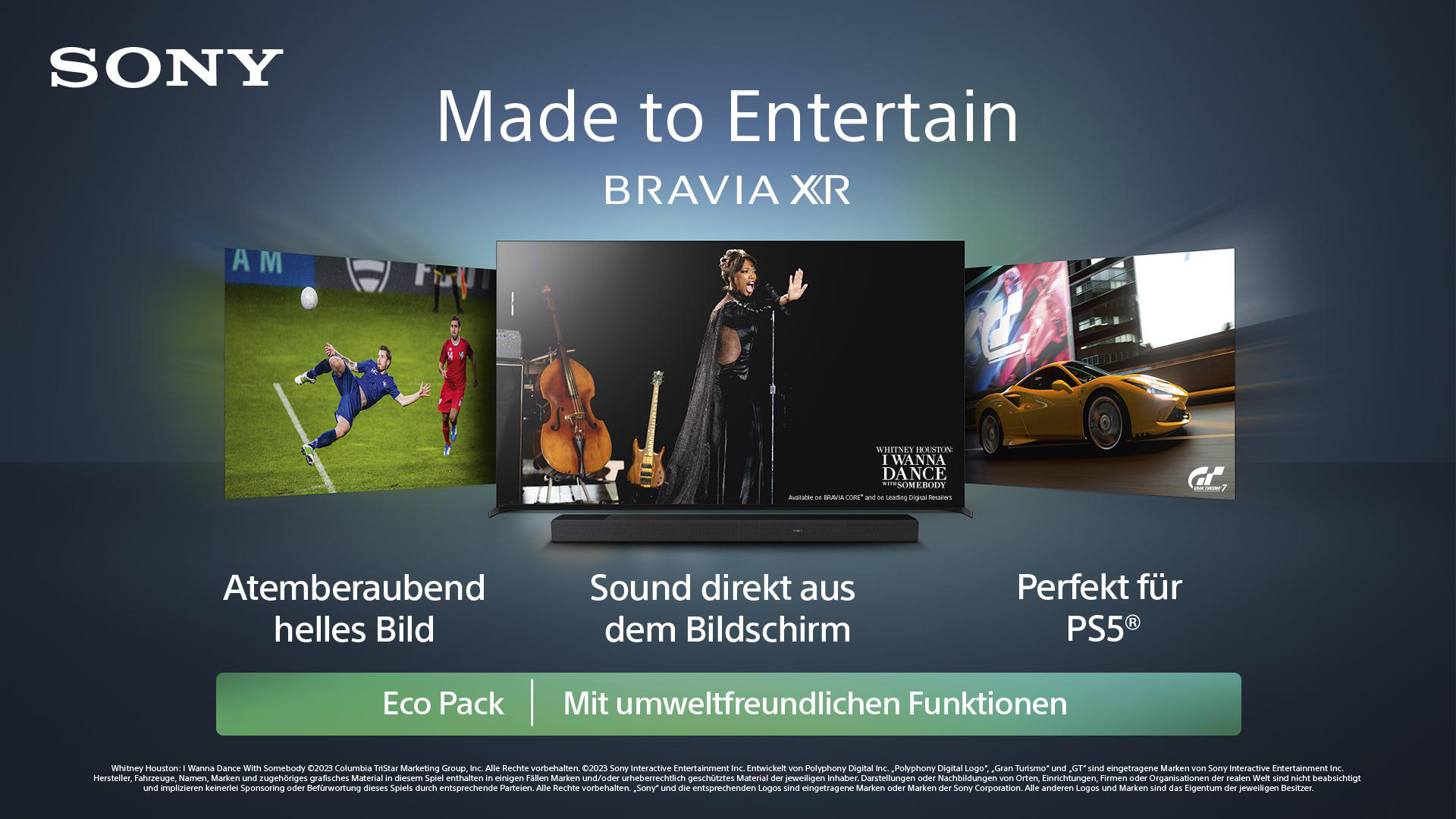 Eine Sony BRAVIA XR-Anzeige zeigt Fußball, ein Konzert und ein Autorennen-Spiel mit Soundbar.