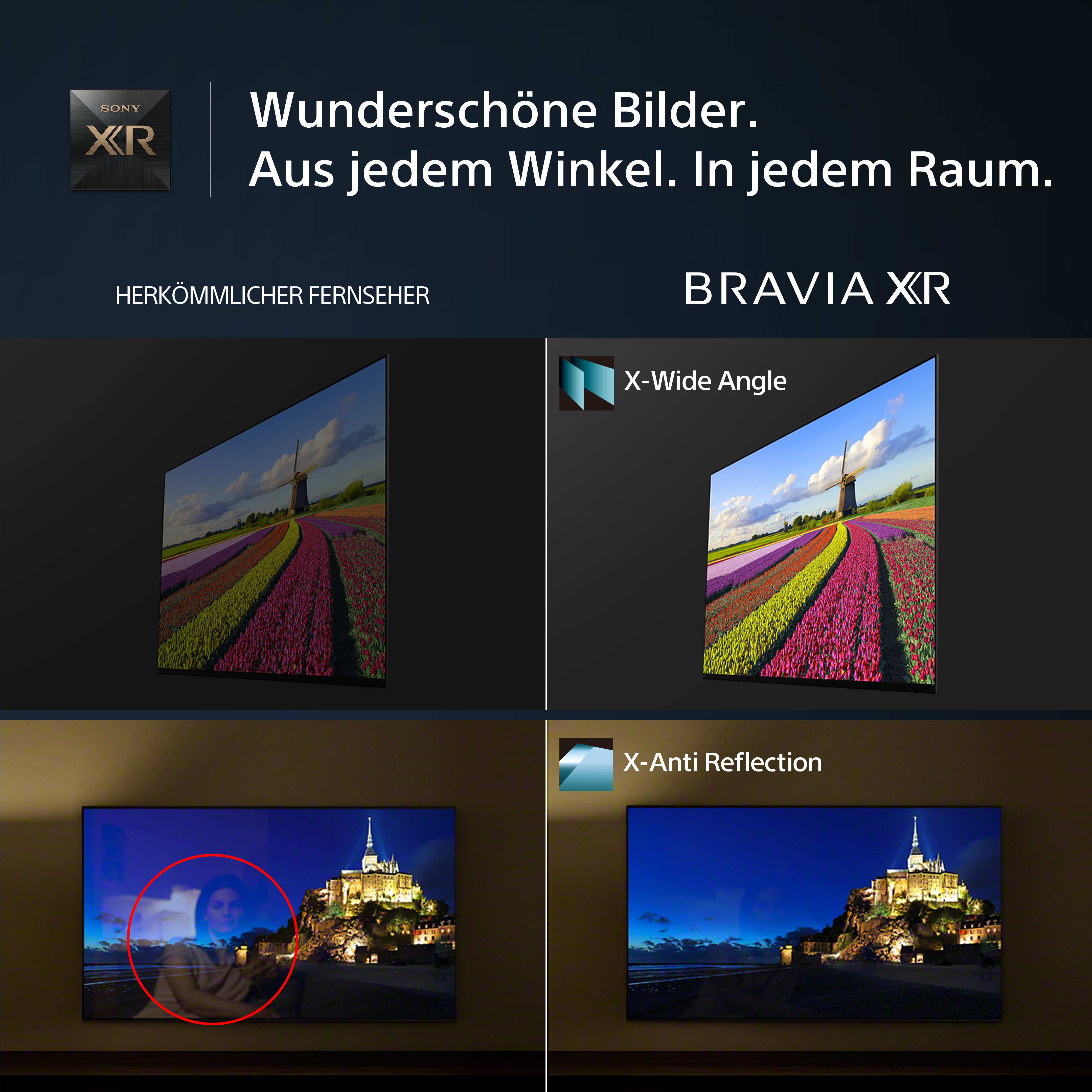 TV-Bildschirme zeigen eine Windmühlenszene. Text: Schöne Bilder, aus jedem Blickwinkel, in jedem Raum.