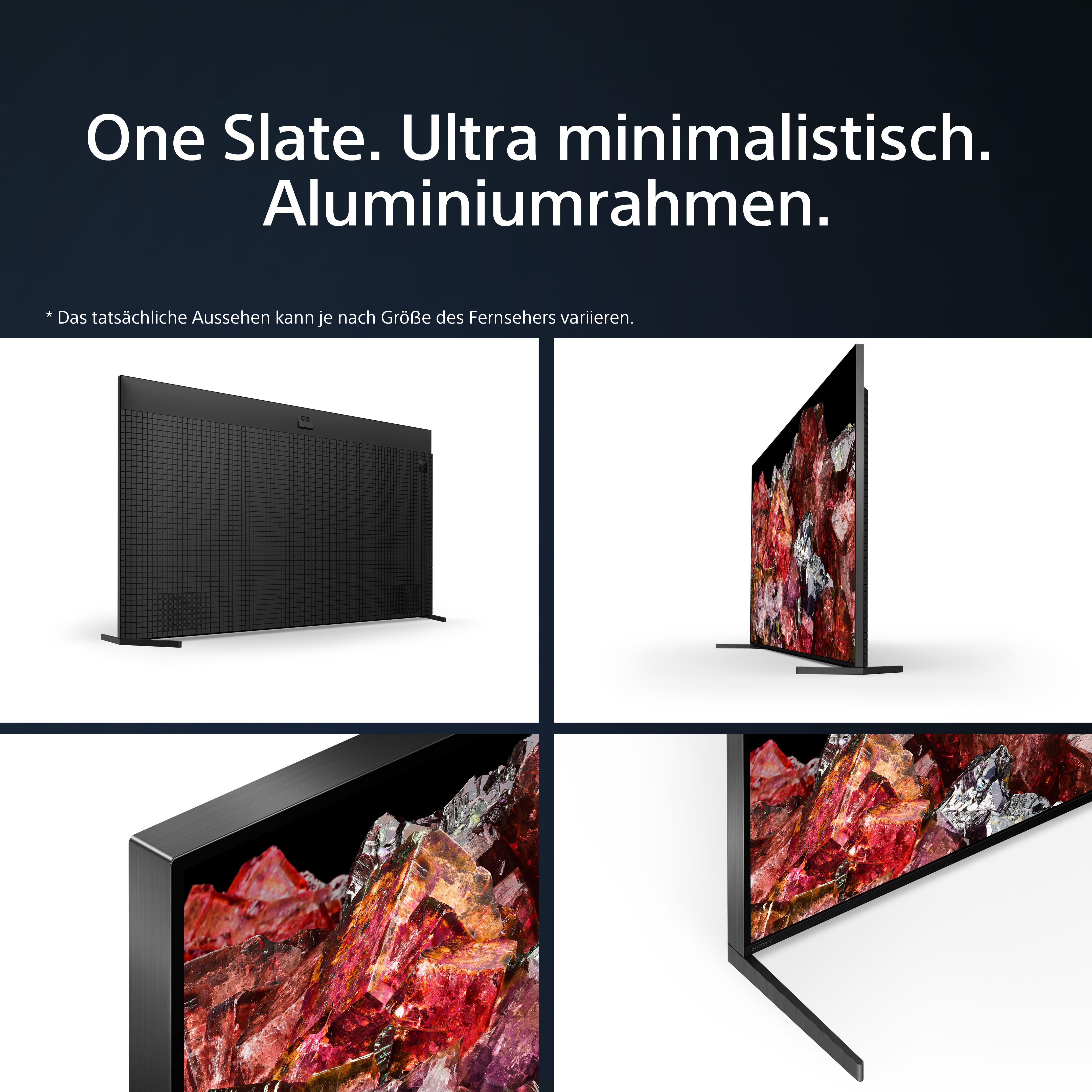 Ein Fernseher mit schwarzem Bildschirm, aus verschiedenen Winkeln präsentiert, mit dem Text "One Slate. Ultra minimalistisch."