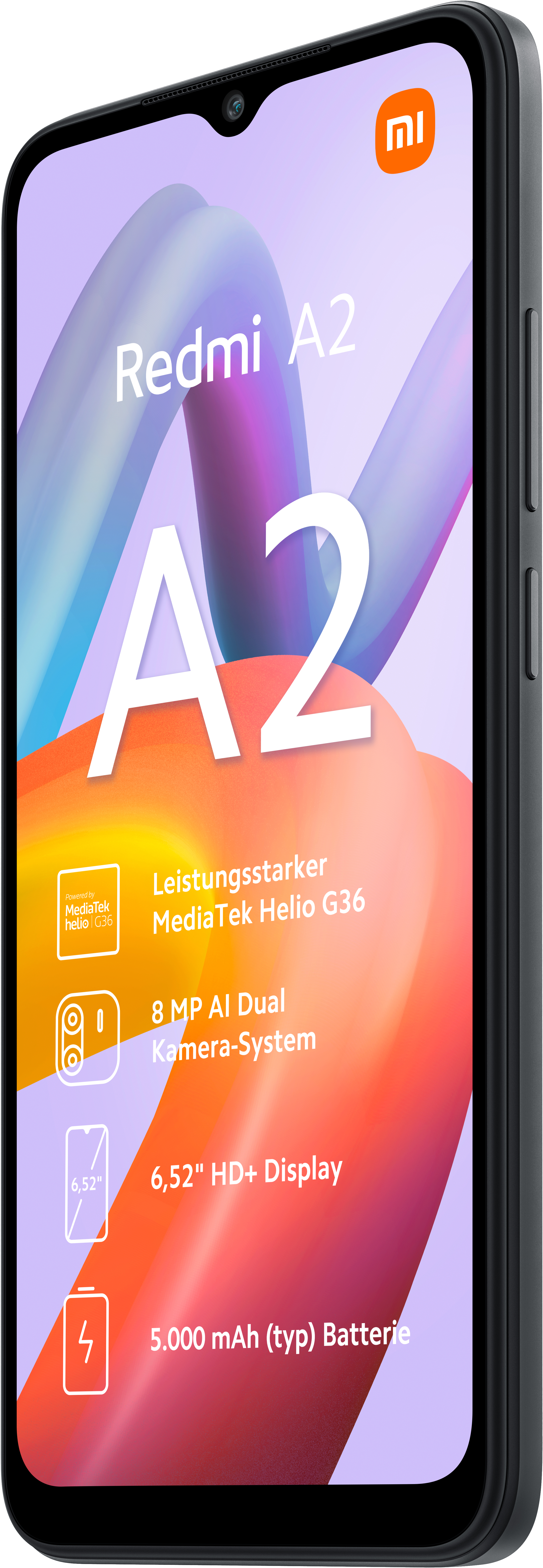Zwarte smartphone, model Redmi A2, met een scherm dat specificaties weergeeft.