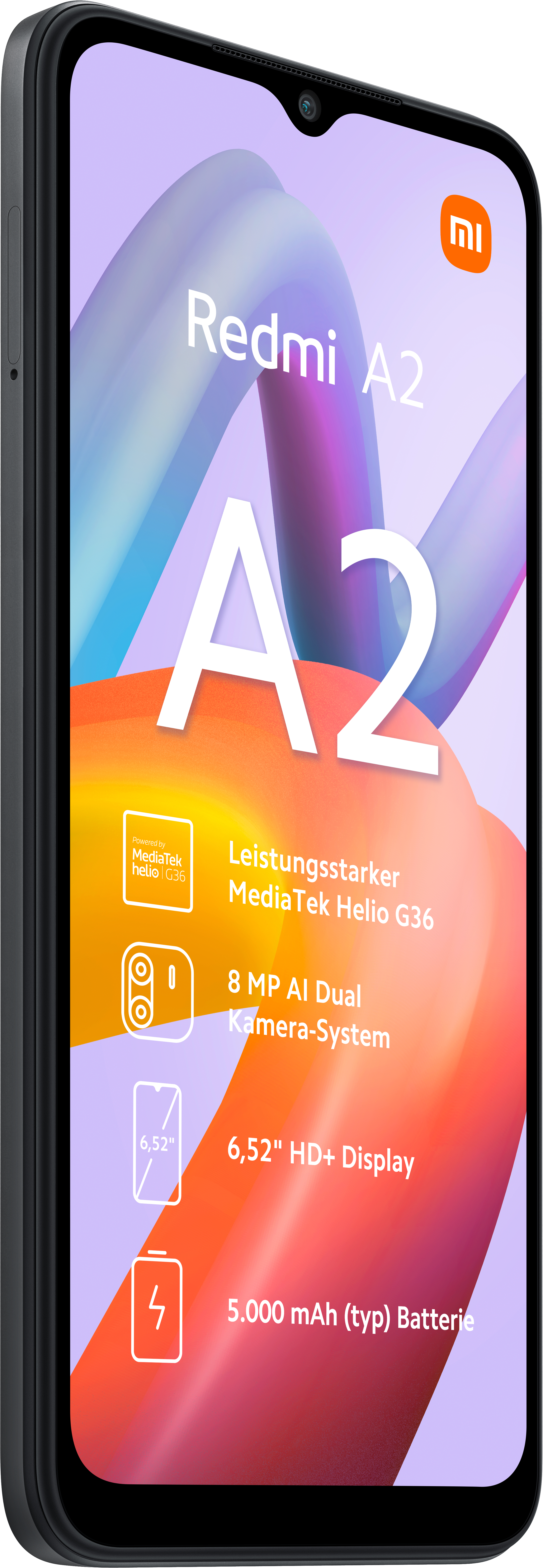 Redmi A2-smartphone in de hand. Scherm toont Redmi A2-logo en functies.