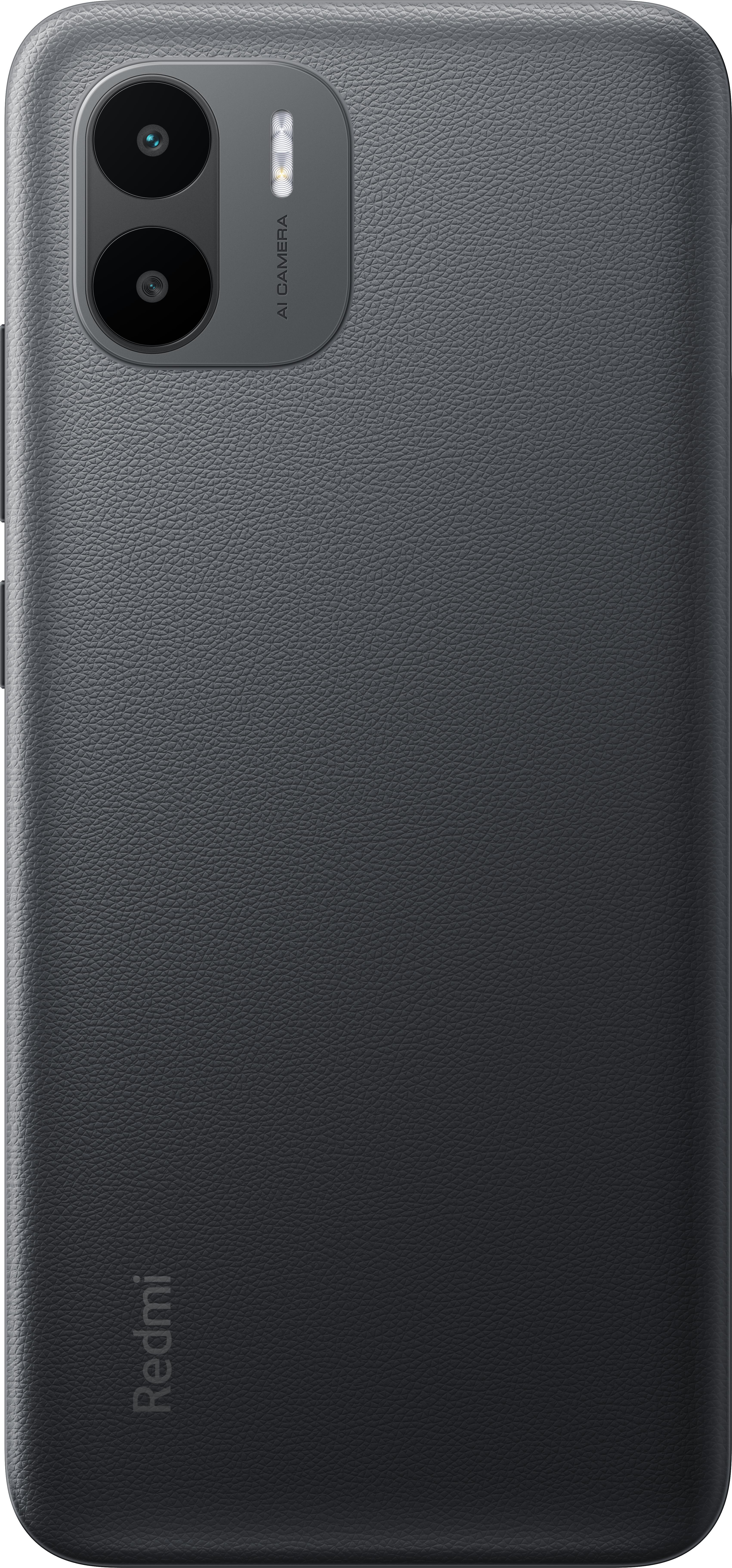 Zwarte smartphone achterkant met dubbele camera's en Redmi-logo.