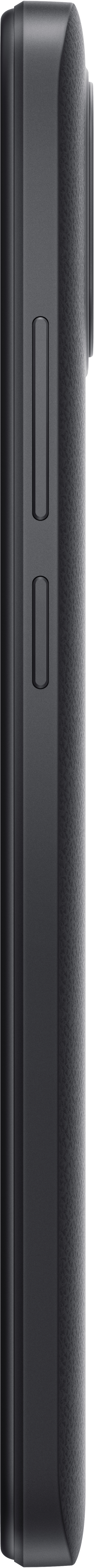 Zijaanzicht van een zwarte smartphone, met volumeknoppen en een aan/uit-knop.