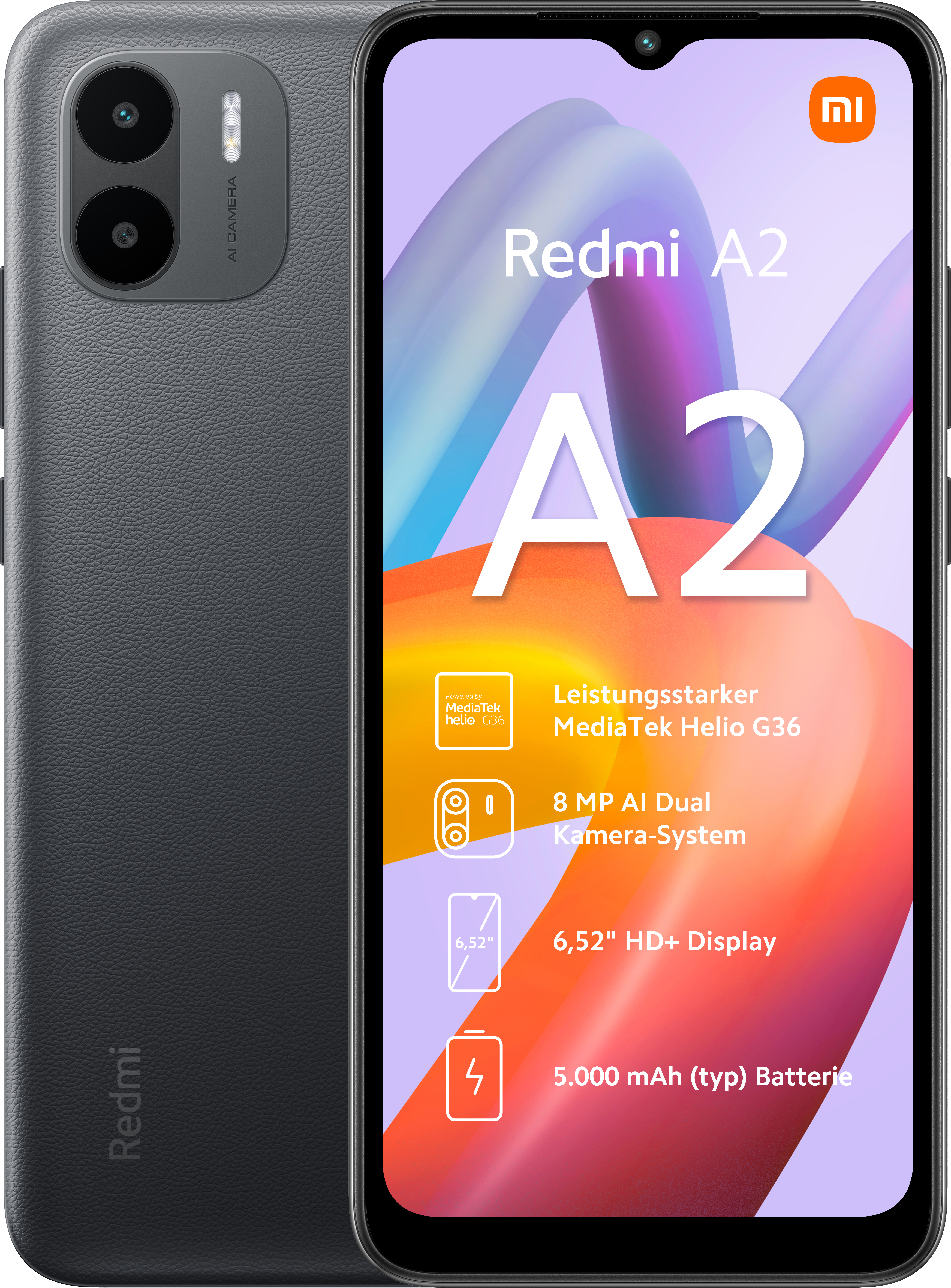 Een donkergrijze Redmi A2-telefoon die zijn scherm toont, met de achterkant zichtbaar.