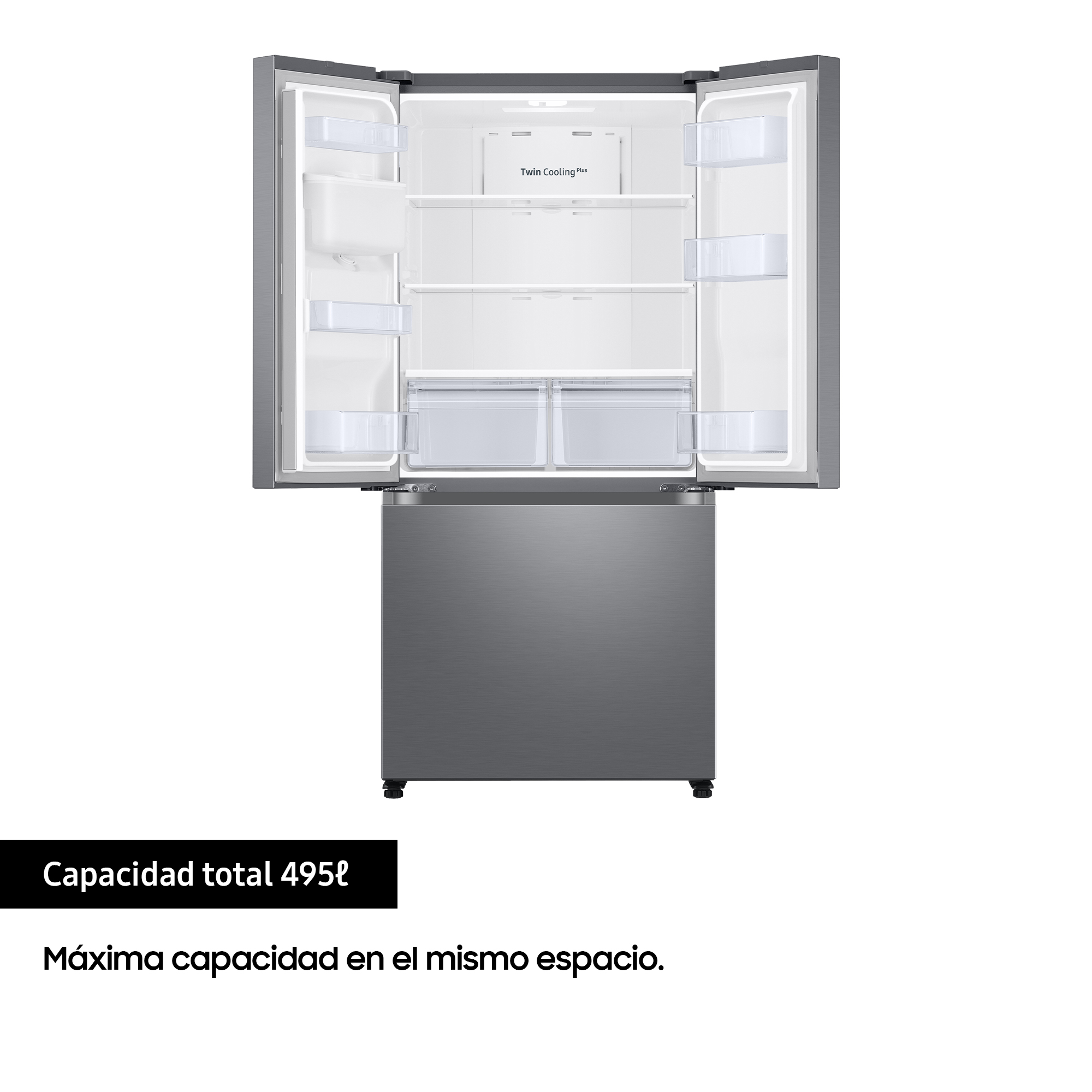 Refrigerador abierto con estantes y cajones. Exterior gris e interior blanco.