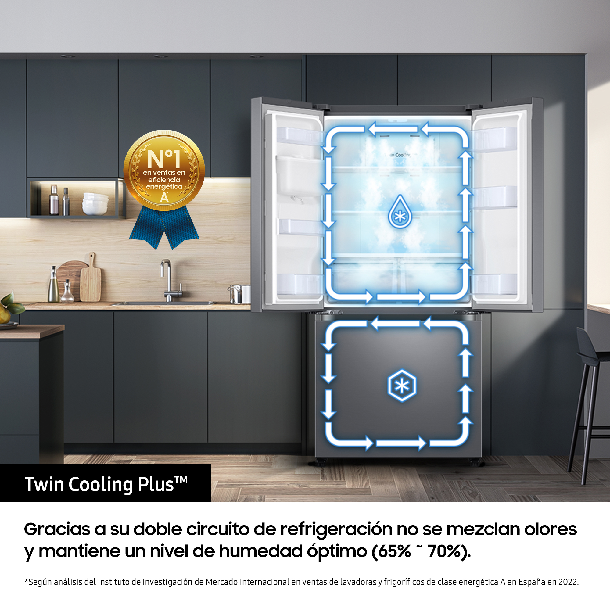 Refrigerador, puertas abiertas, mostrando interior con alimentos y texto Twin Cooling Plus.