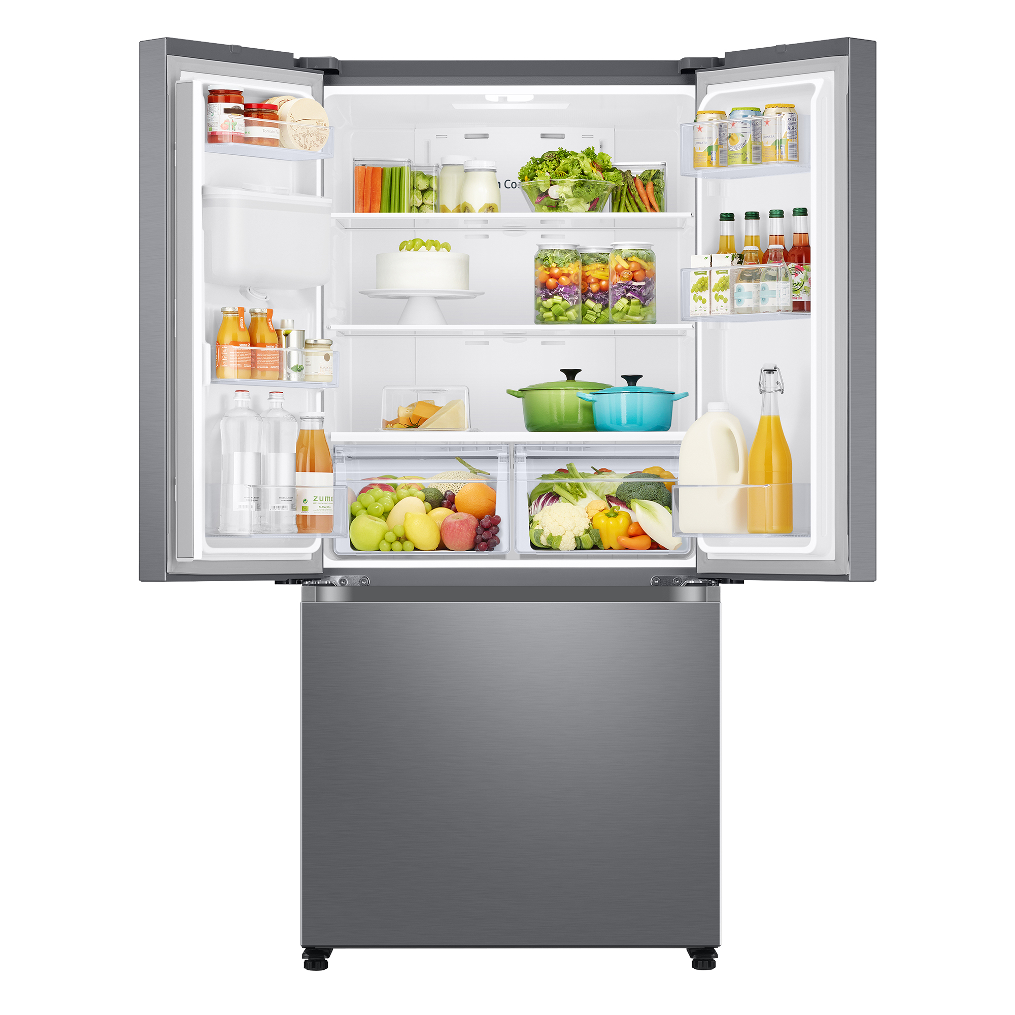 Refrigerador abierto con comida dentro. Un frigorífico con las puertas abiertas mostrando comida.