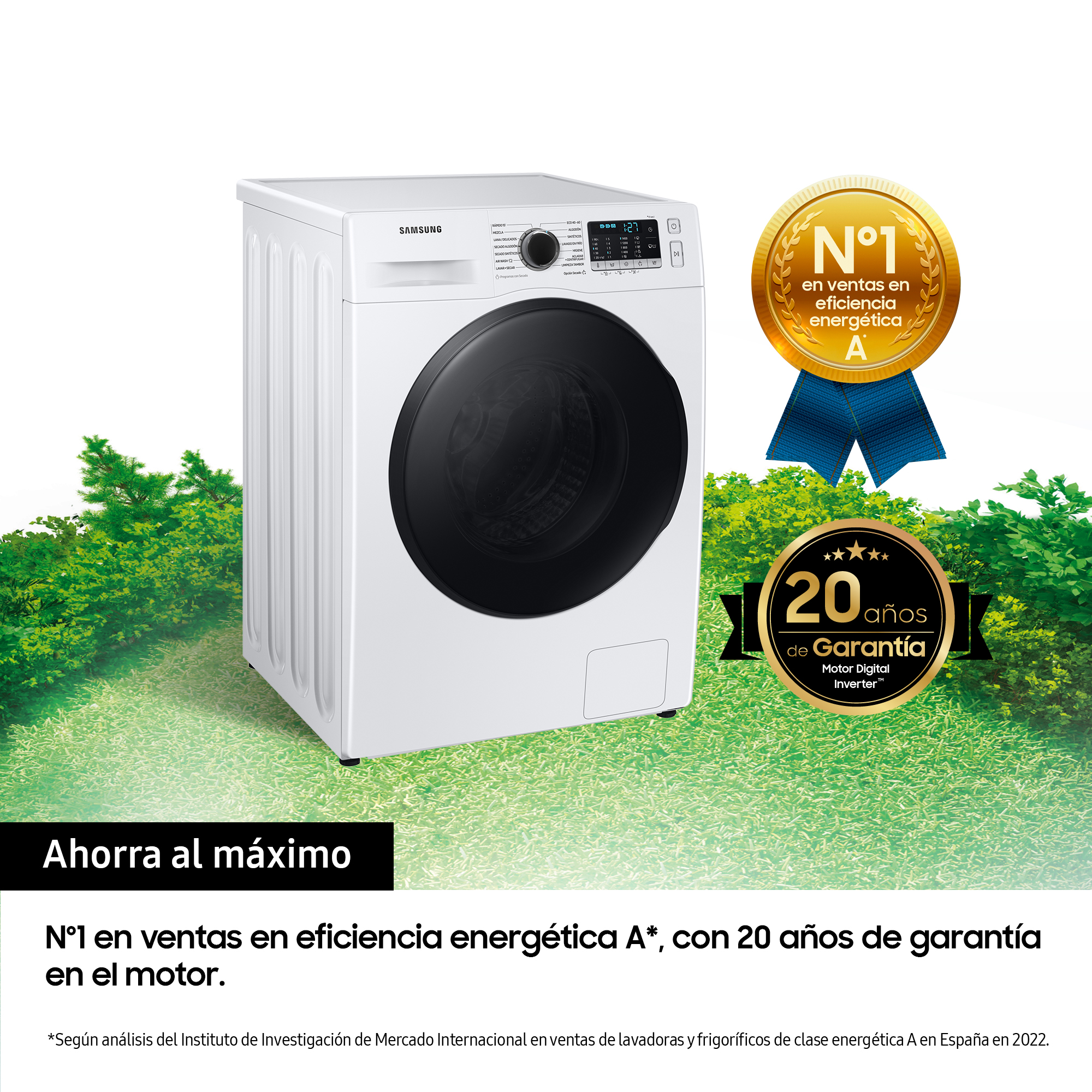 Una lavadora blanca con una puerta redonda negra y una etiqueta.