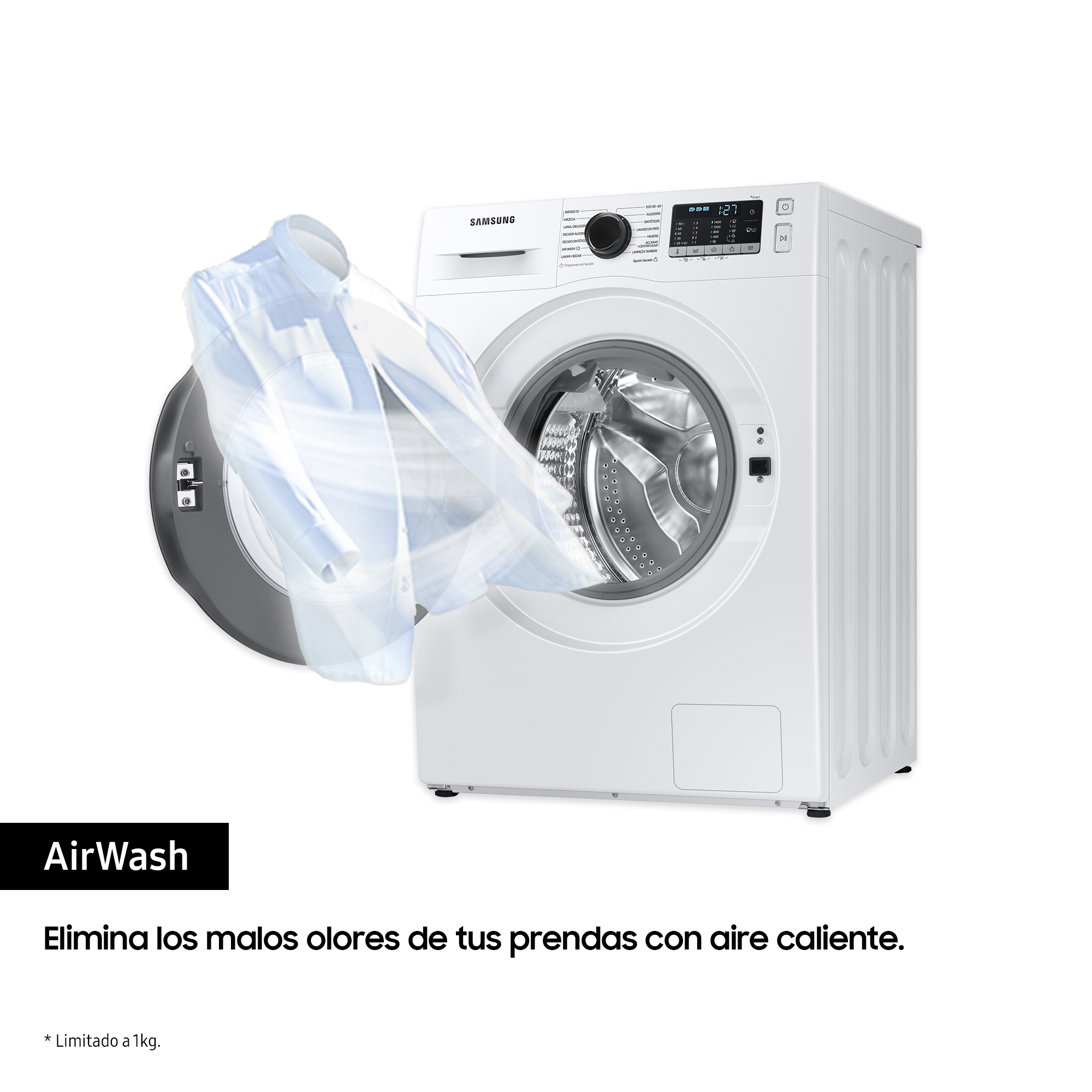 Una lavadora blanca con una camisa siendo lavada. La camisa flota en el aire.