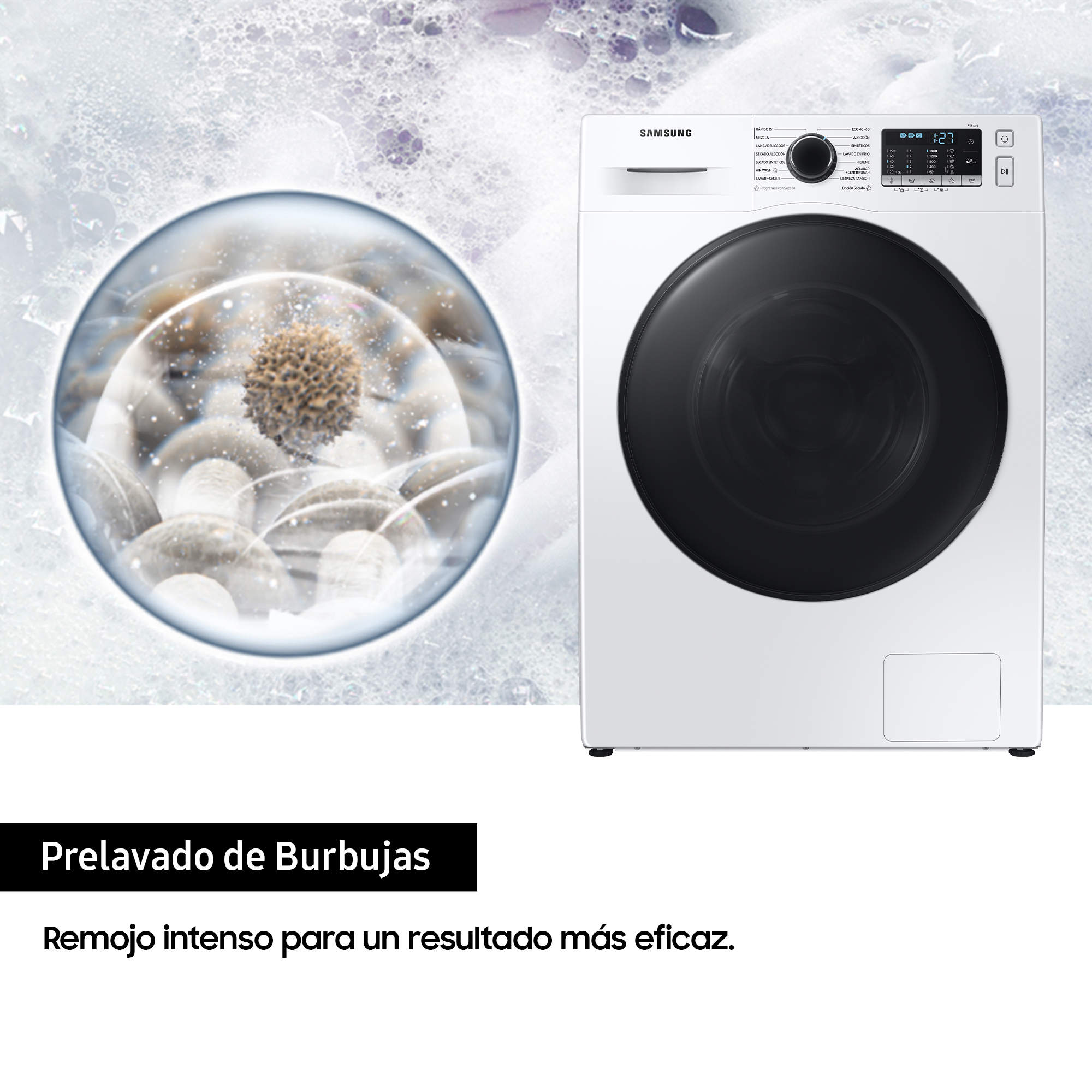 Lavadora blanca con texto en español: Prelavado de burbujas. Remojo intenso para un mejor resultado.