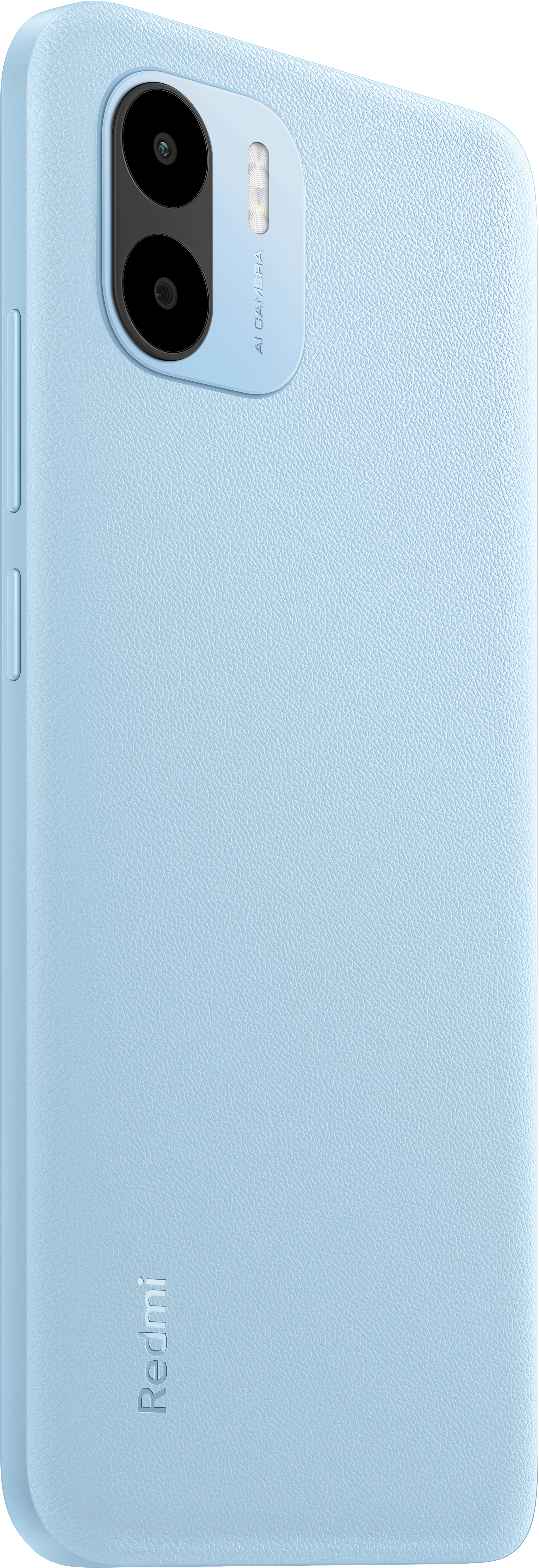 Lichtblauwe telefoon met dubbele camera's, een Redmi-logo en een zijknop. Zijaanzicht.
