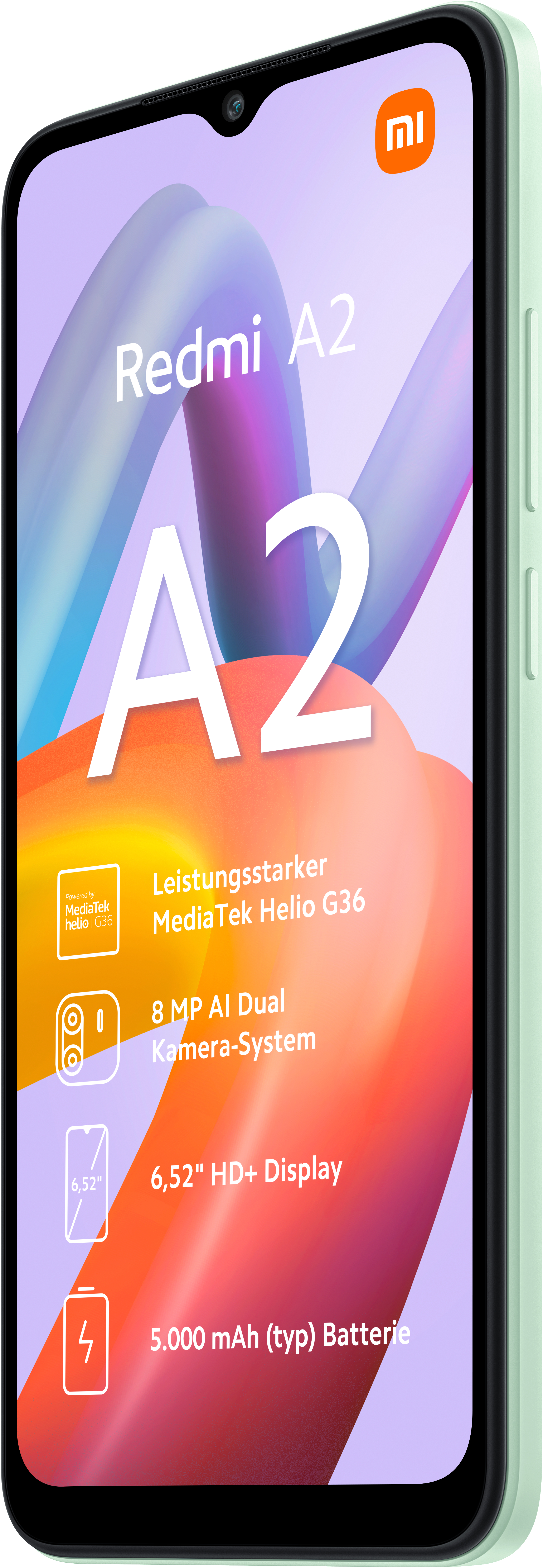 Mintgroene Redmi A2 smartphone. Toont telefoonfuncties op het scherm.