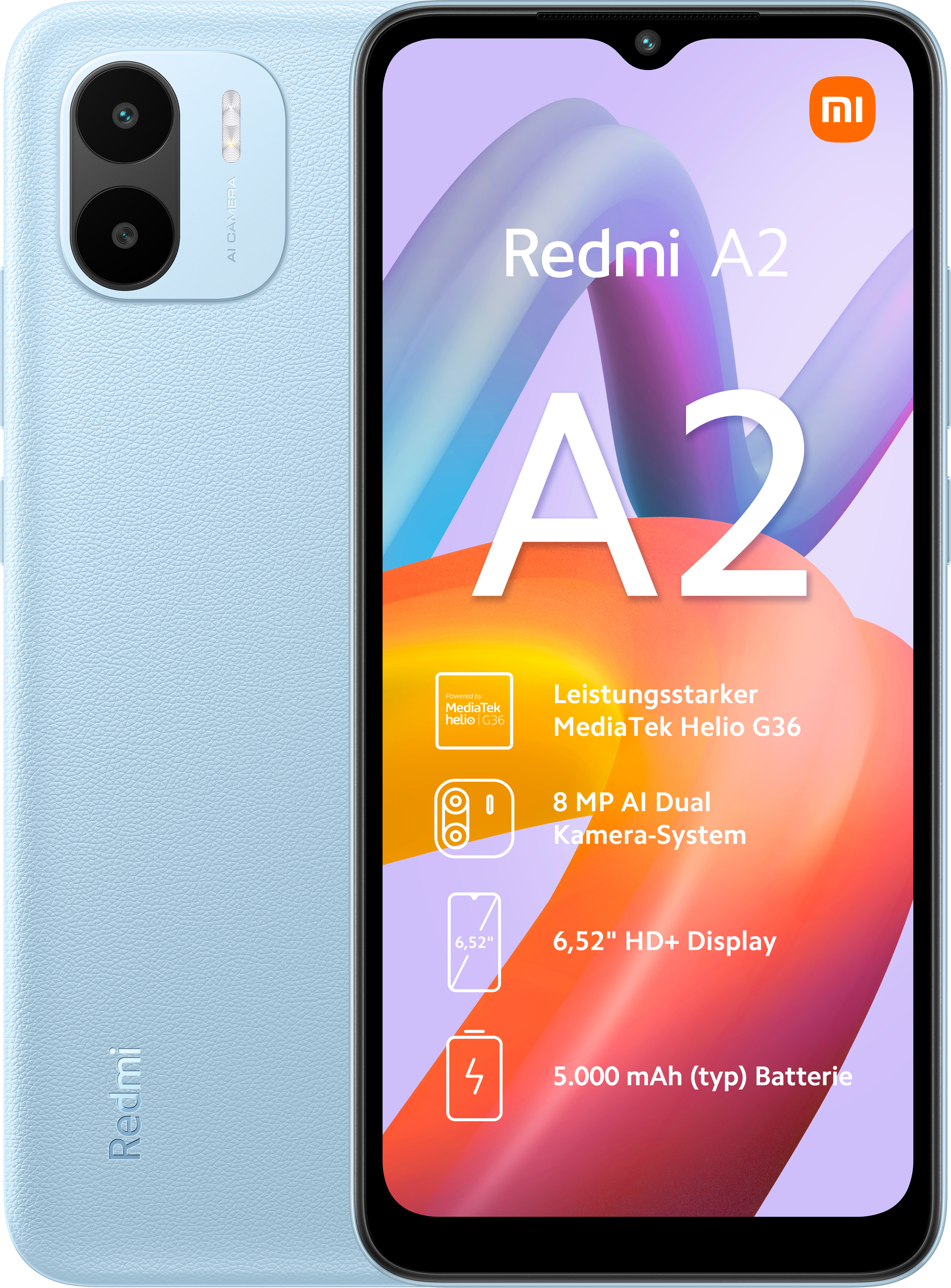 Lichtblauwe Redmi A2 smartphone. Heeft een dubbele camera, groot scherm en batterij-informatie.