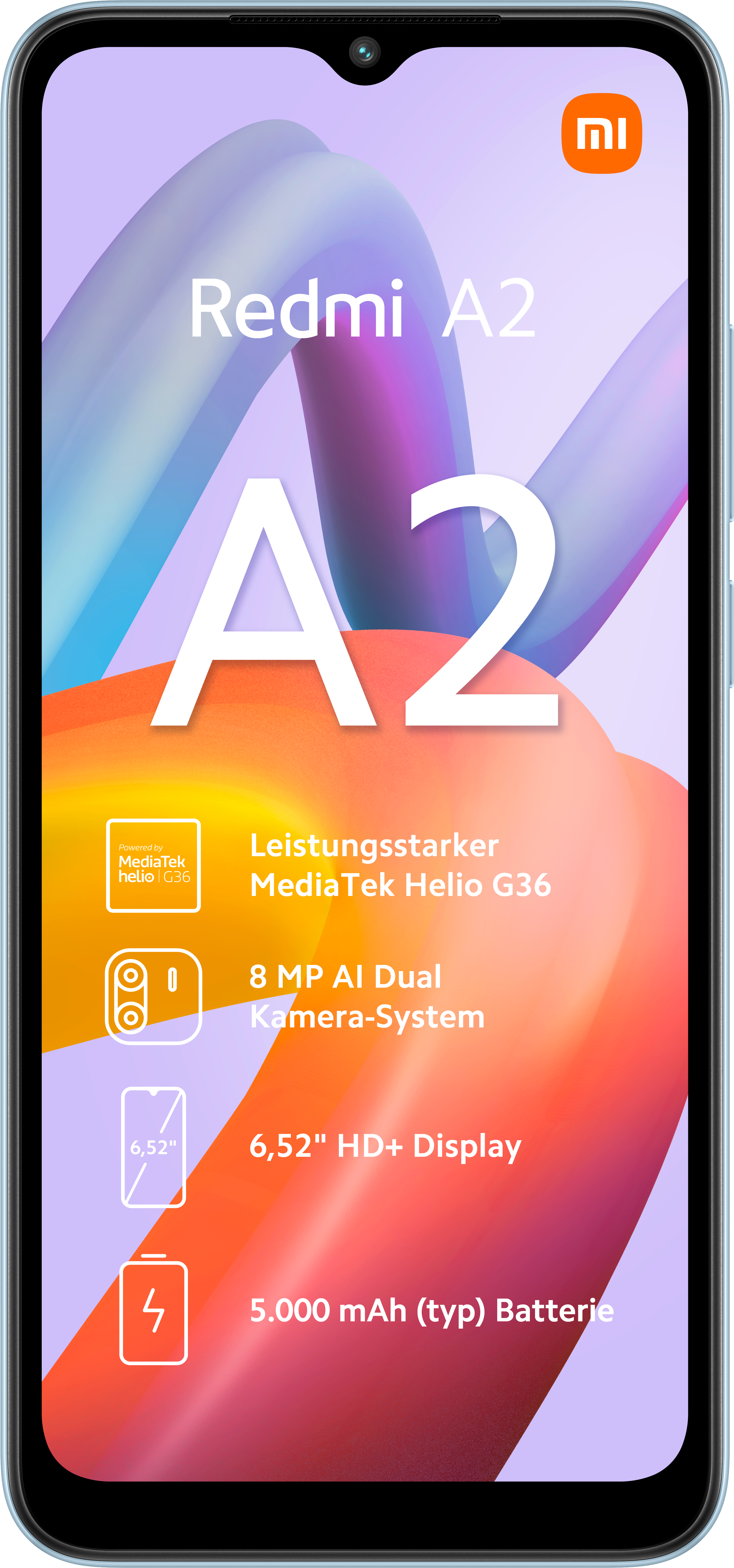 Redmi A2 telefoon vooraanzicht, met tekst en afbeeldingen op gekleurde achtergrond.
