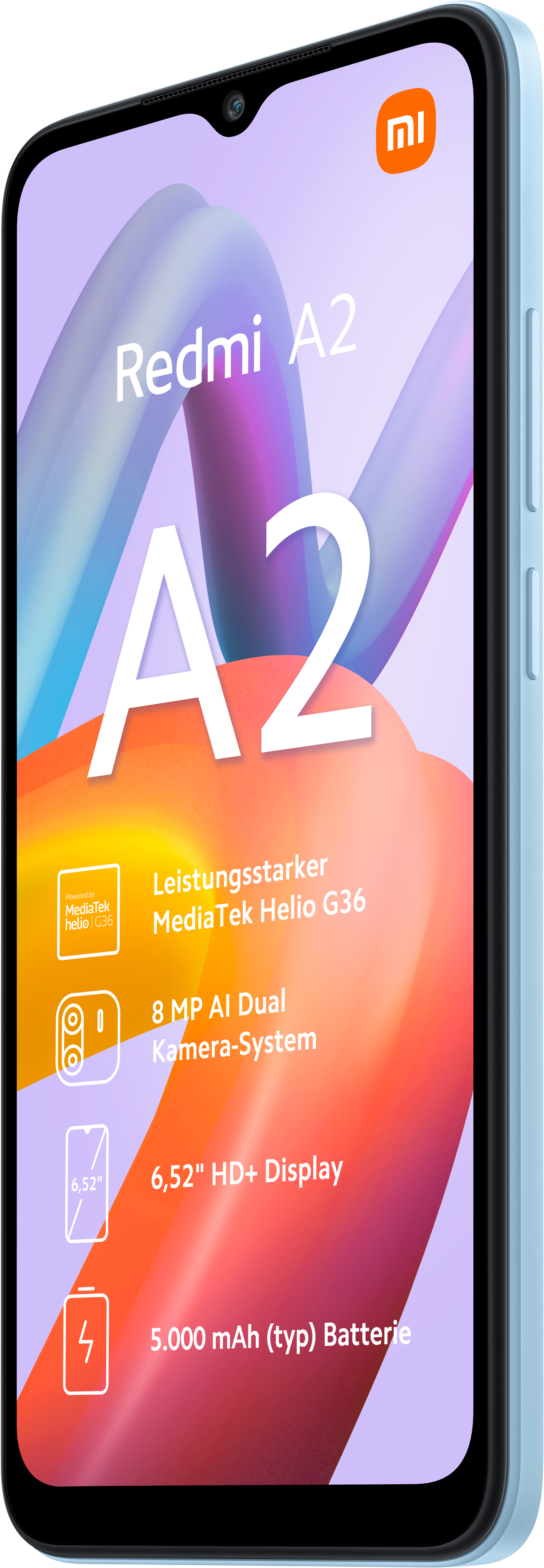 Ein hellblaues Redmi A2-Smartphone, das den Bildschirm und Funktionen wie Kamera und Akku zeigt.