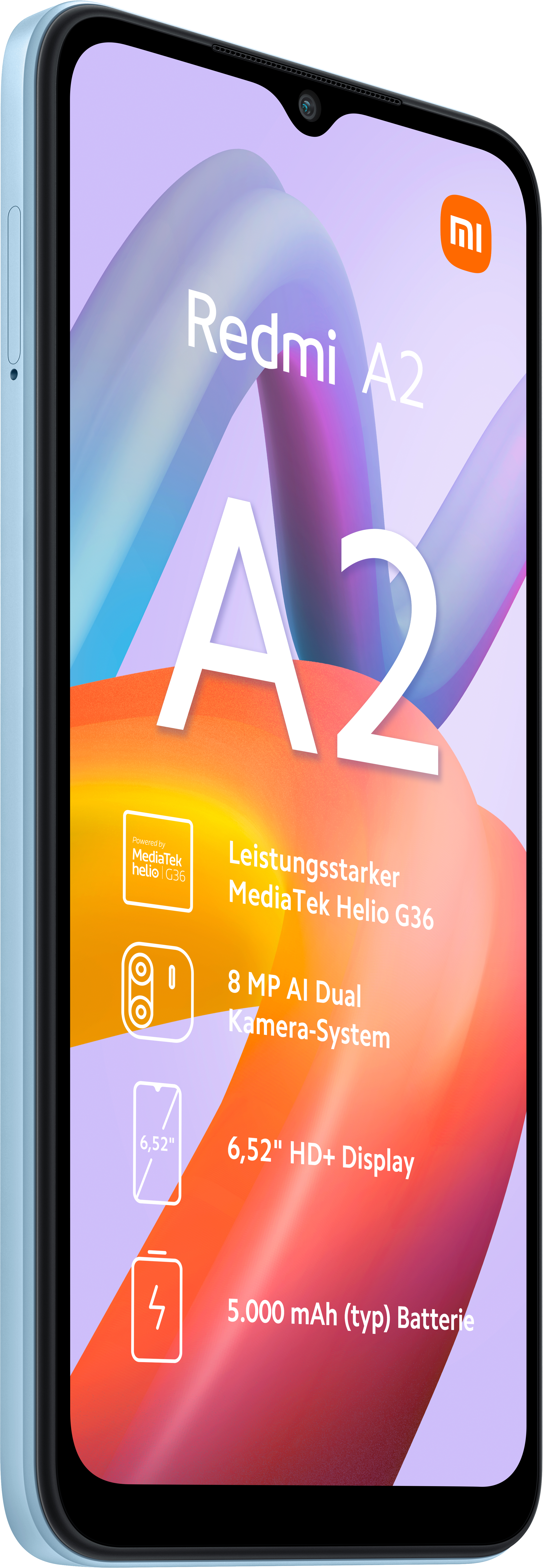 Ein hellblaues Redmi A2-Telefon mit Symbolen und Text, das einen farbenfrohen Hintergrund zeigt.