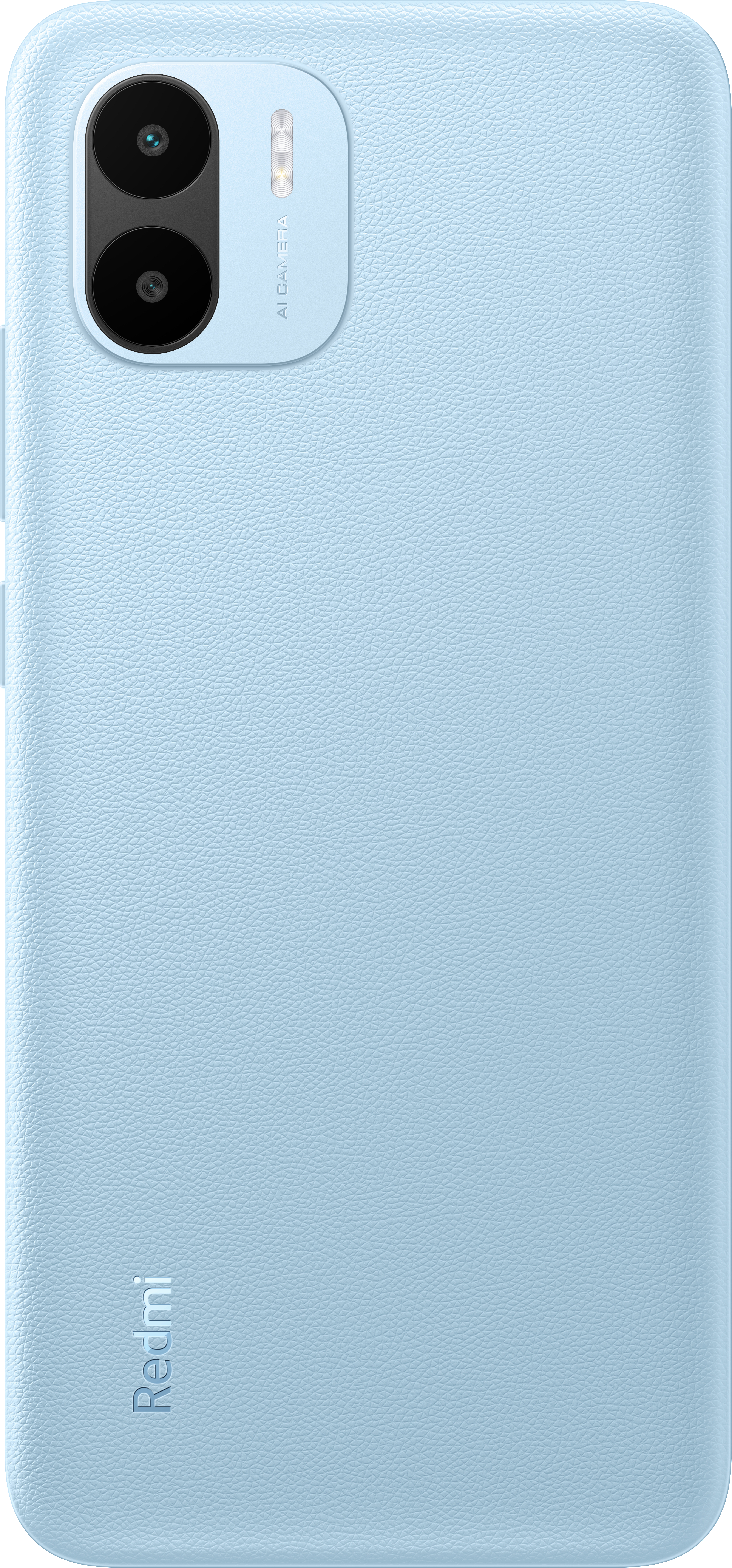 Lichtblauwe telefoonrug met cameralenzen. Redmi-logo staat onderaan.
