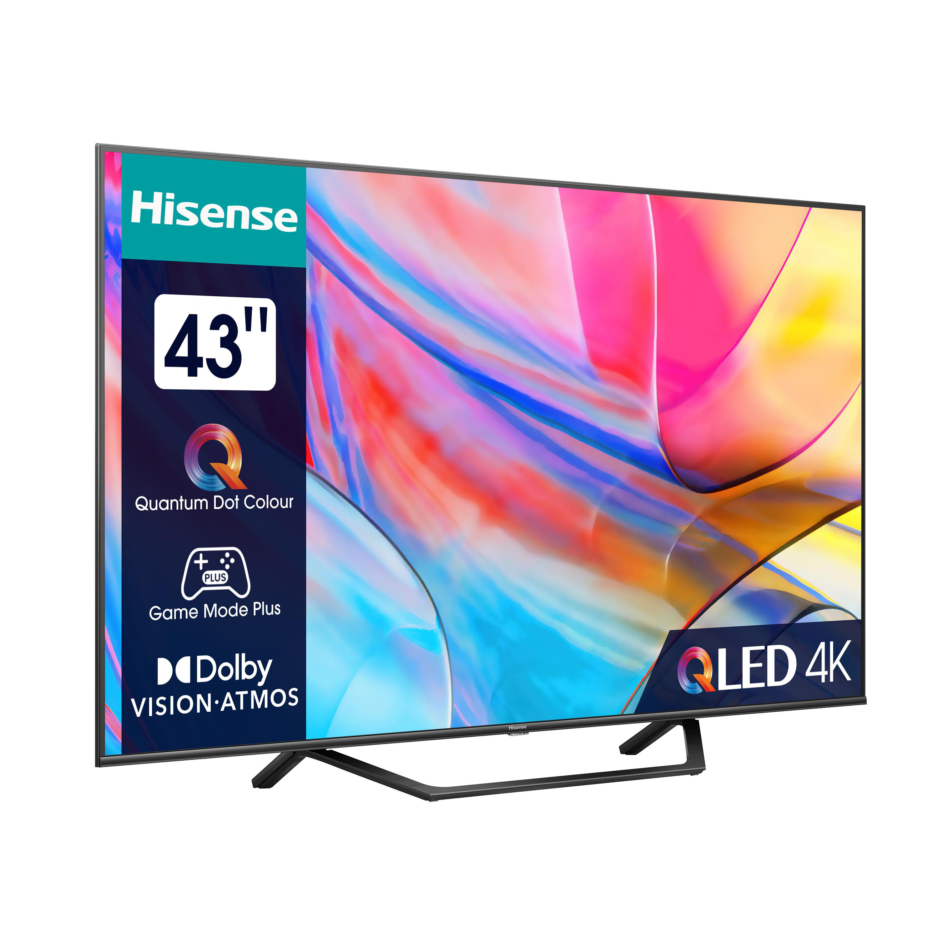 Ein 43-Zoll Hisense QLED 4K TV mit farbenfrohem Bildschirm, Game Mode Plus und Dolby Vision-Atmos.