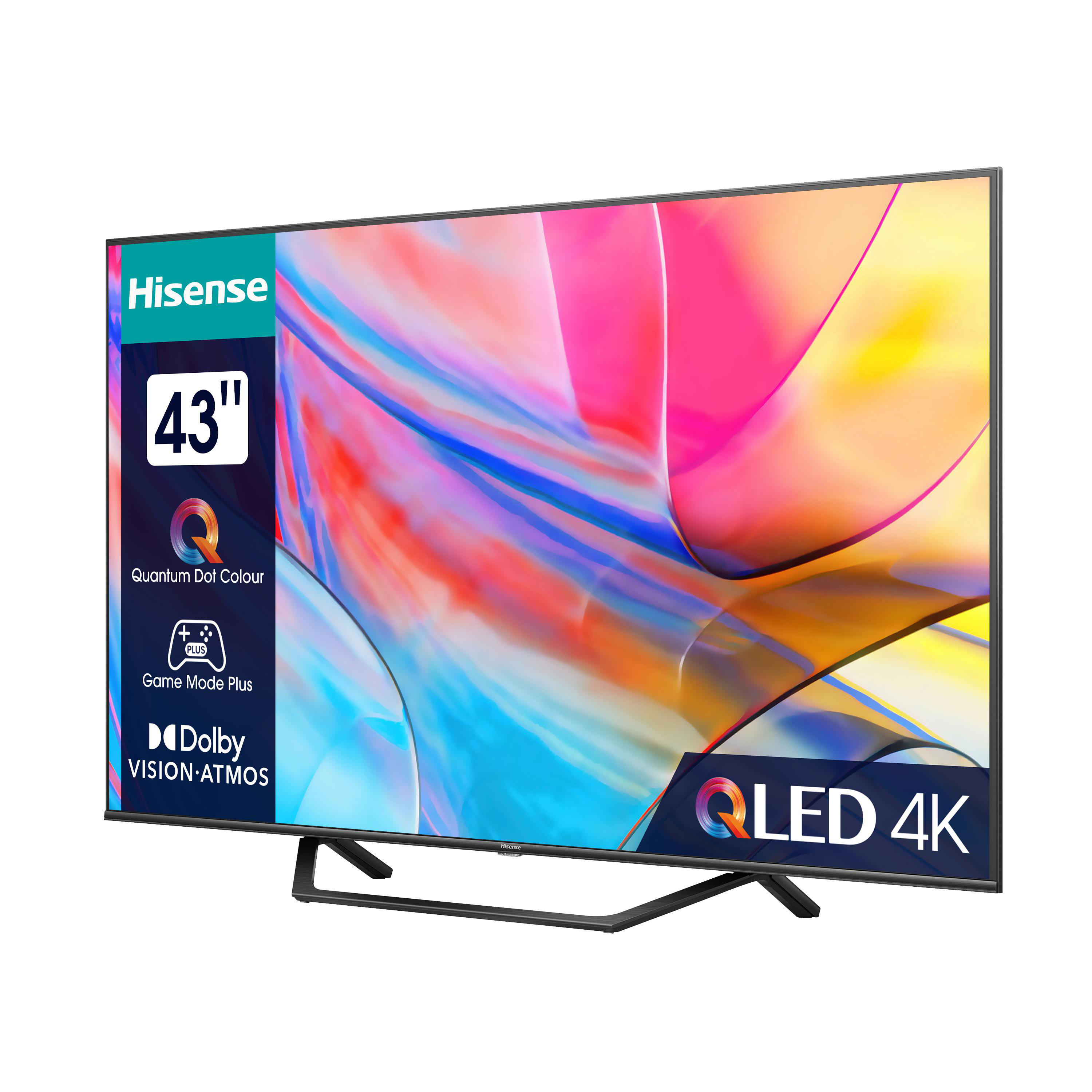 Hisense 43-Zoll QLED 4K TV, zeigt farbenfrohe Inhalte, mit Dolby Vision und Game Mode Plus.