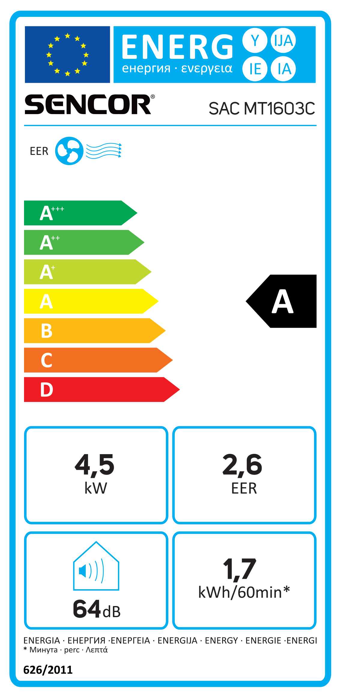 Energiahatékonysági címke színkódolt besorolásokkal, 'A' besorolást mutat a készülékhez.