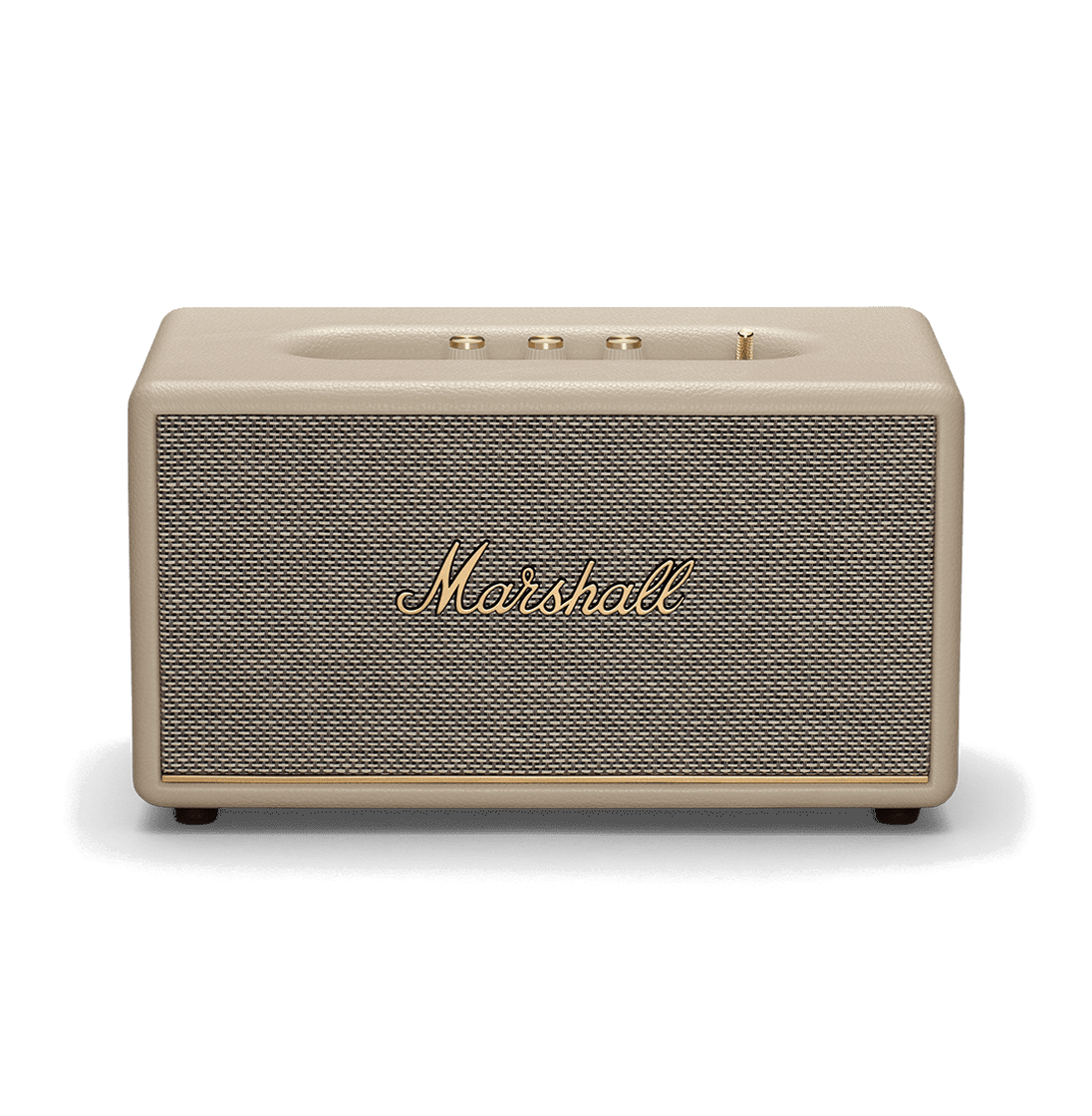 Örgü ön yüzü ve altın Marshall metni olan bej bir Marshall hoparlör.