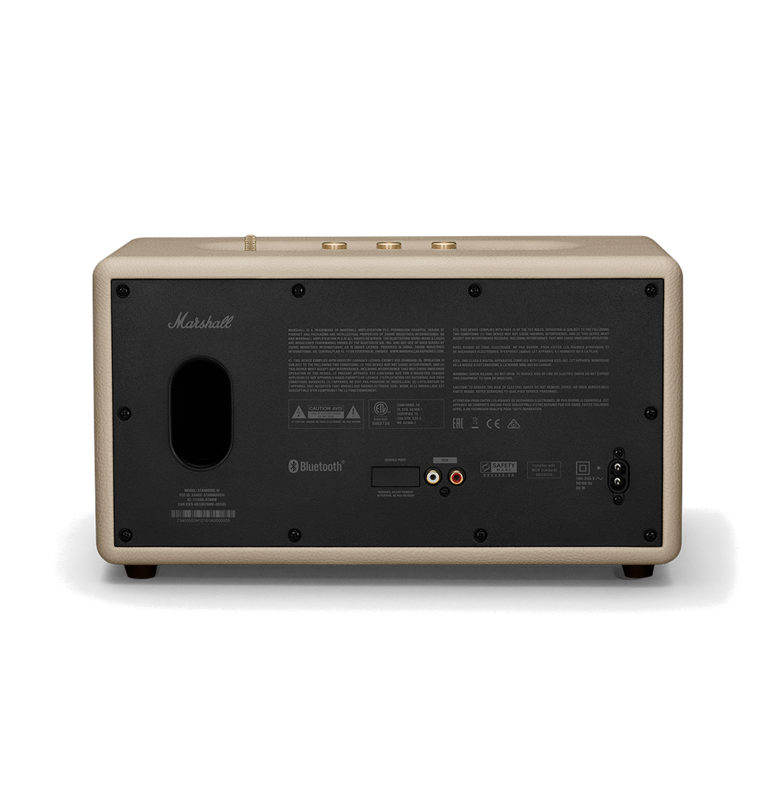 Bir Marshall hoparlörünün arkası. Metin ve bağlantı noktaları, bir Bluetooth logosuyla birlikte görülebilir.