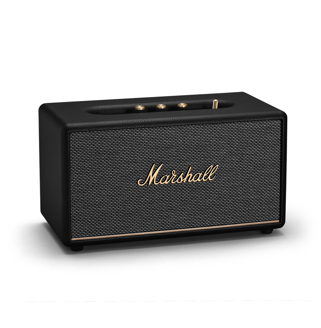 Siyah ön ızgaralı ve Marshall logolu siyah hoparlör.