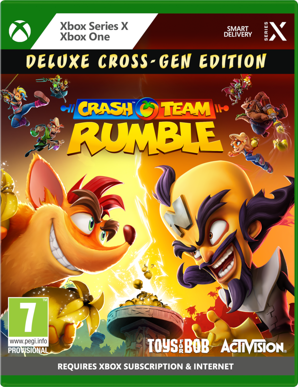 Xbox game cover. Crash Team Rumble, Crash en Dr. Neo Cortex staan tegenover elkaar.