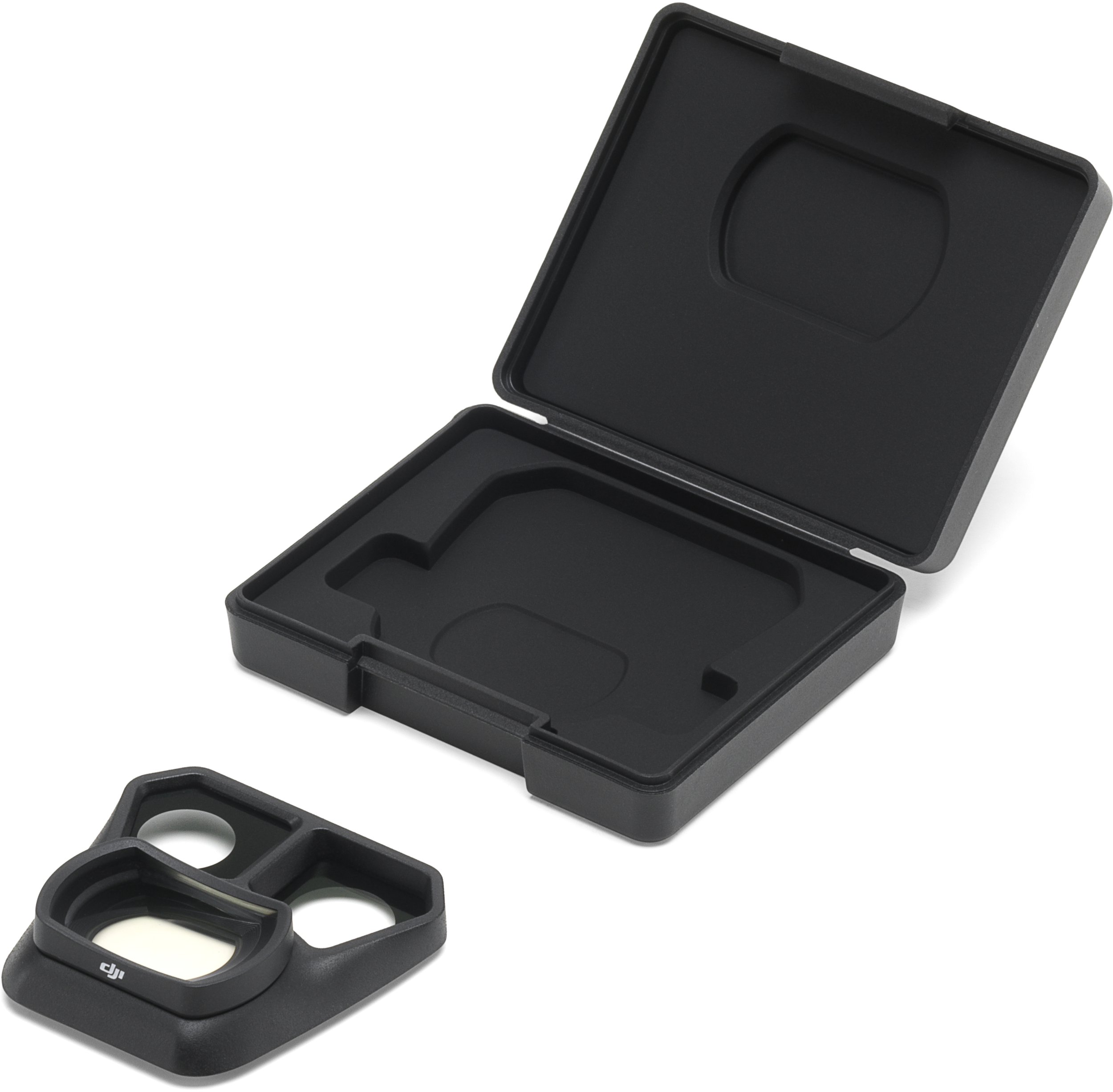 Schwarzes DJI Drohnenfilteretui und Filter. Die Filter sind in einem schwarzen Etui.