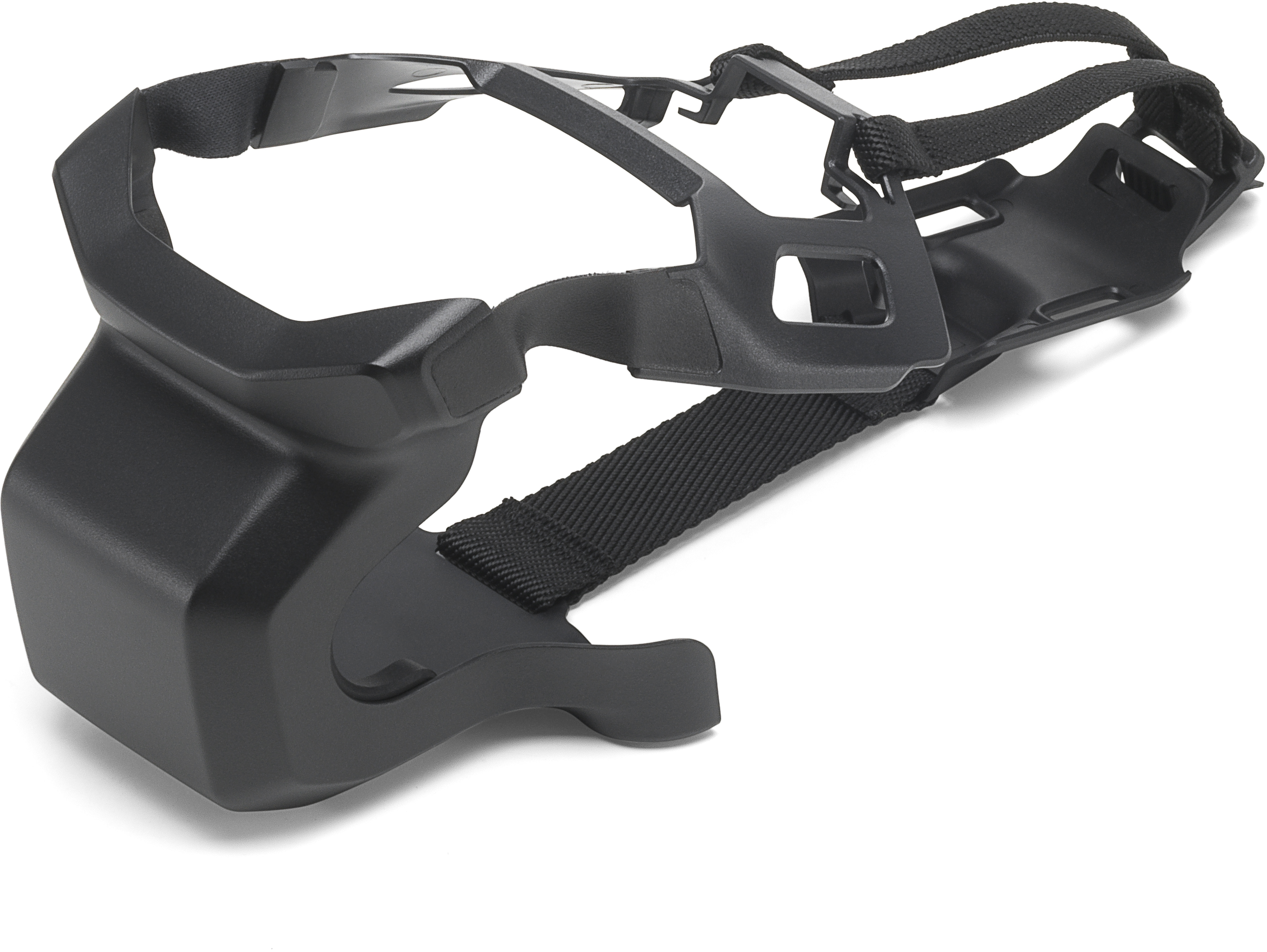 Ein schwarzer VR-Headset-Rahmen mit Riemen zur Kopfmontage, auf weißem Hintergrund gesehen.