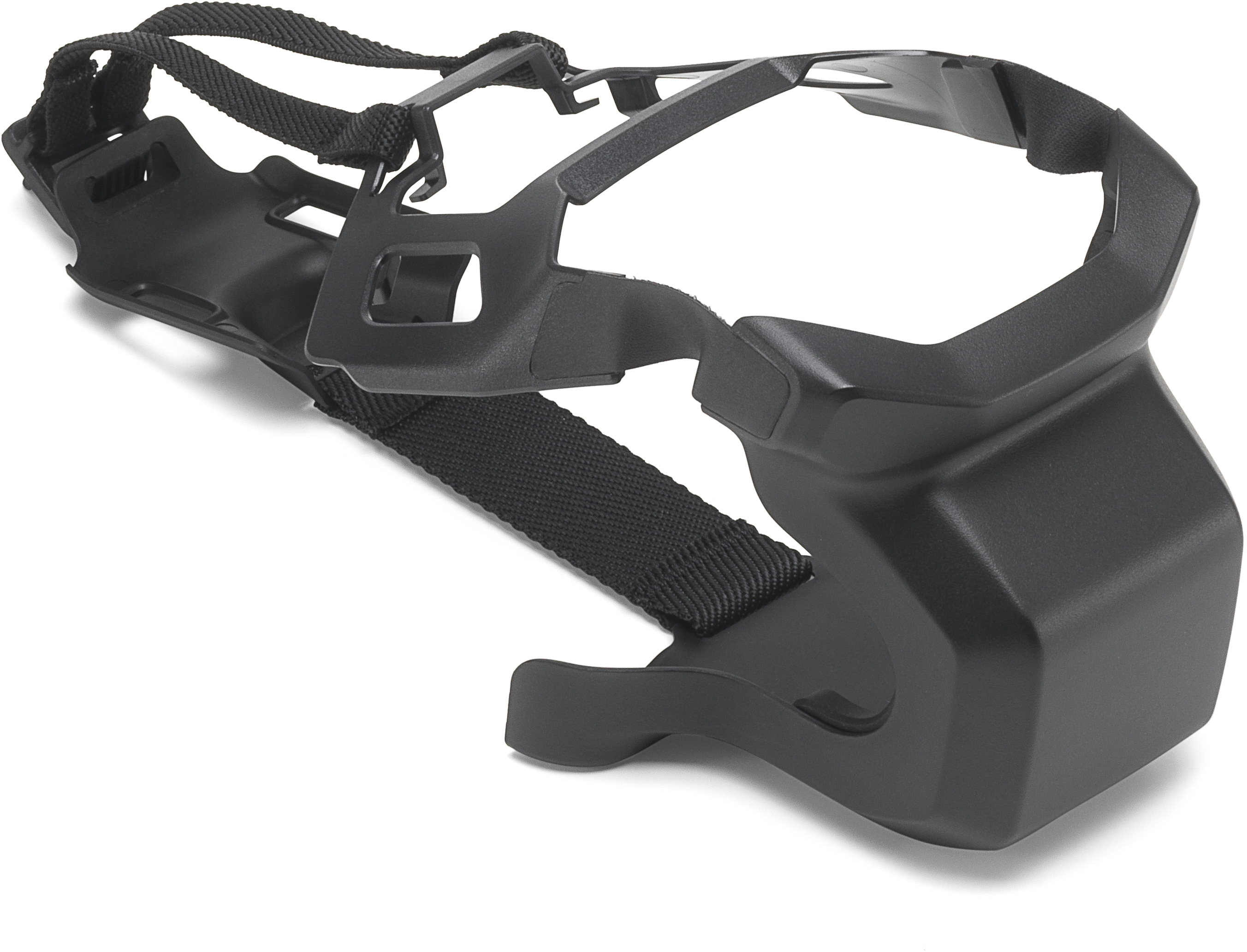 Schwarzer Kunststoffrahmen für VR-Headset mit Kopfband. Der Hintergrund ist weiß.