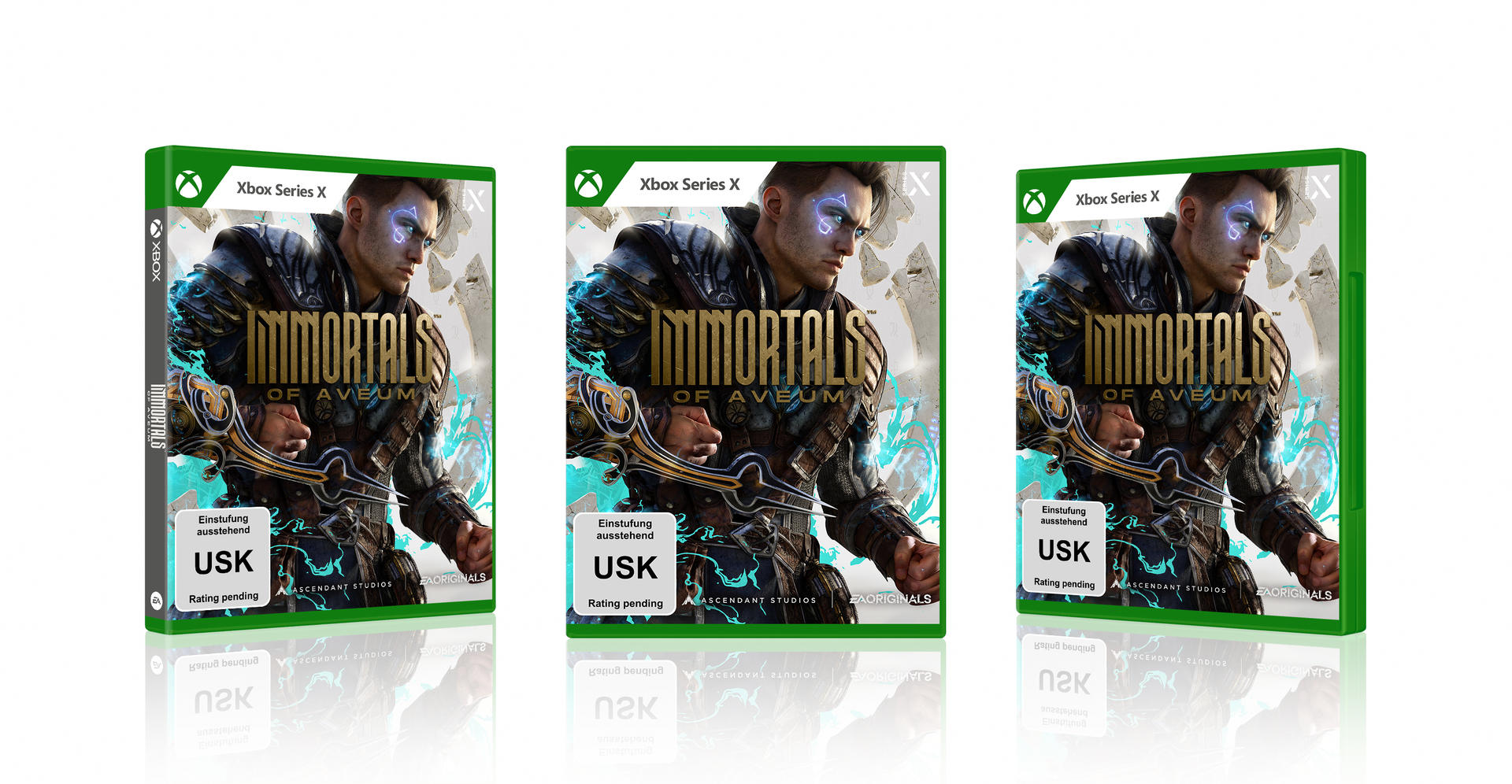 Drei Spielboxen von "Immortals of Aveum" auf weißem Hintergrund.