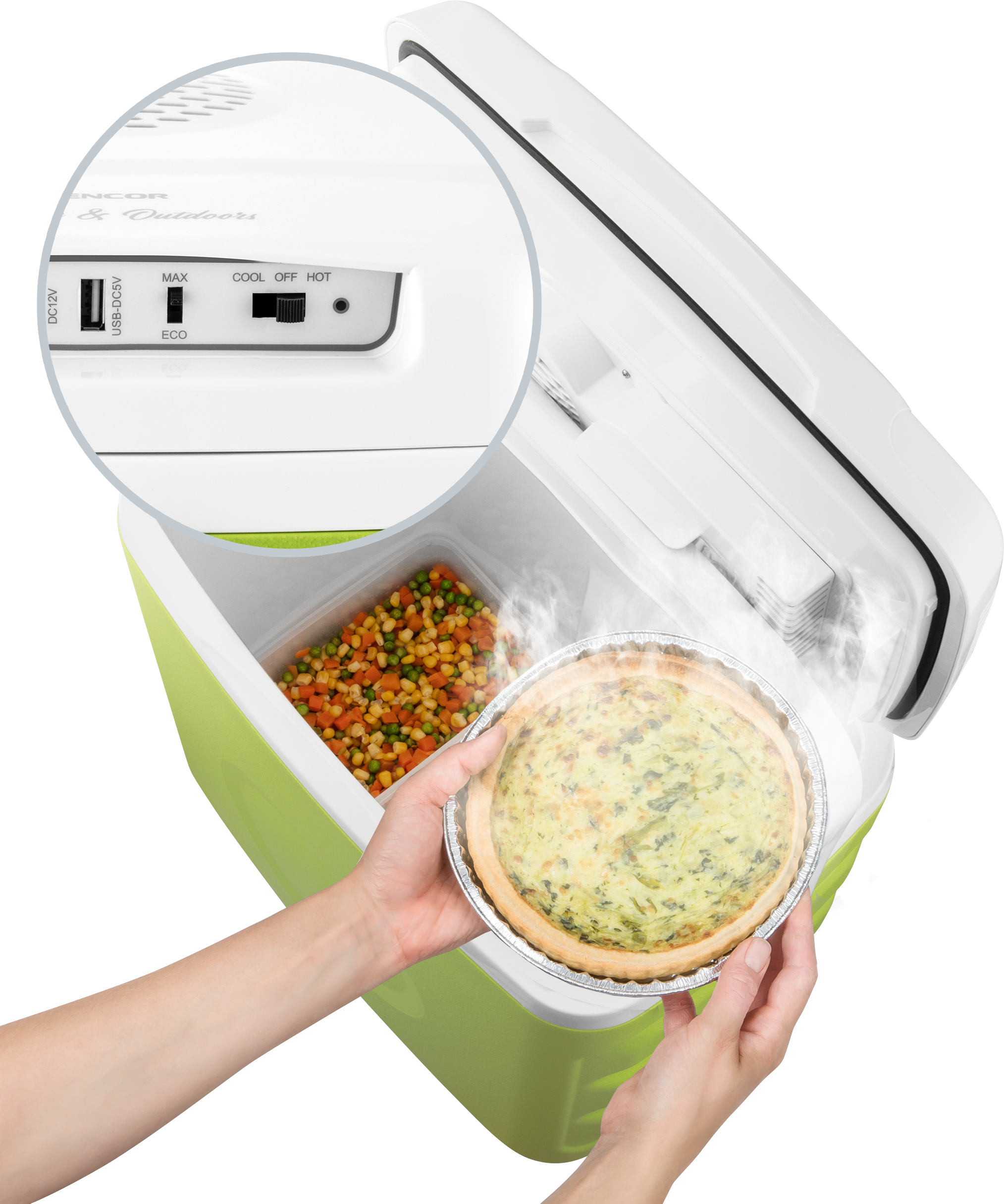 Kéz quiche-t tart, hűtő zöldségekkel és egy vezérlőpanellel.