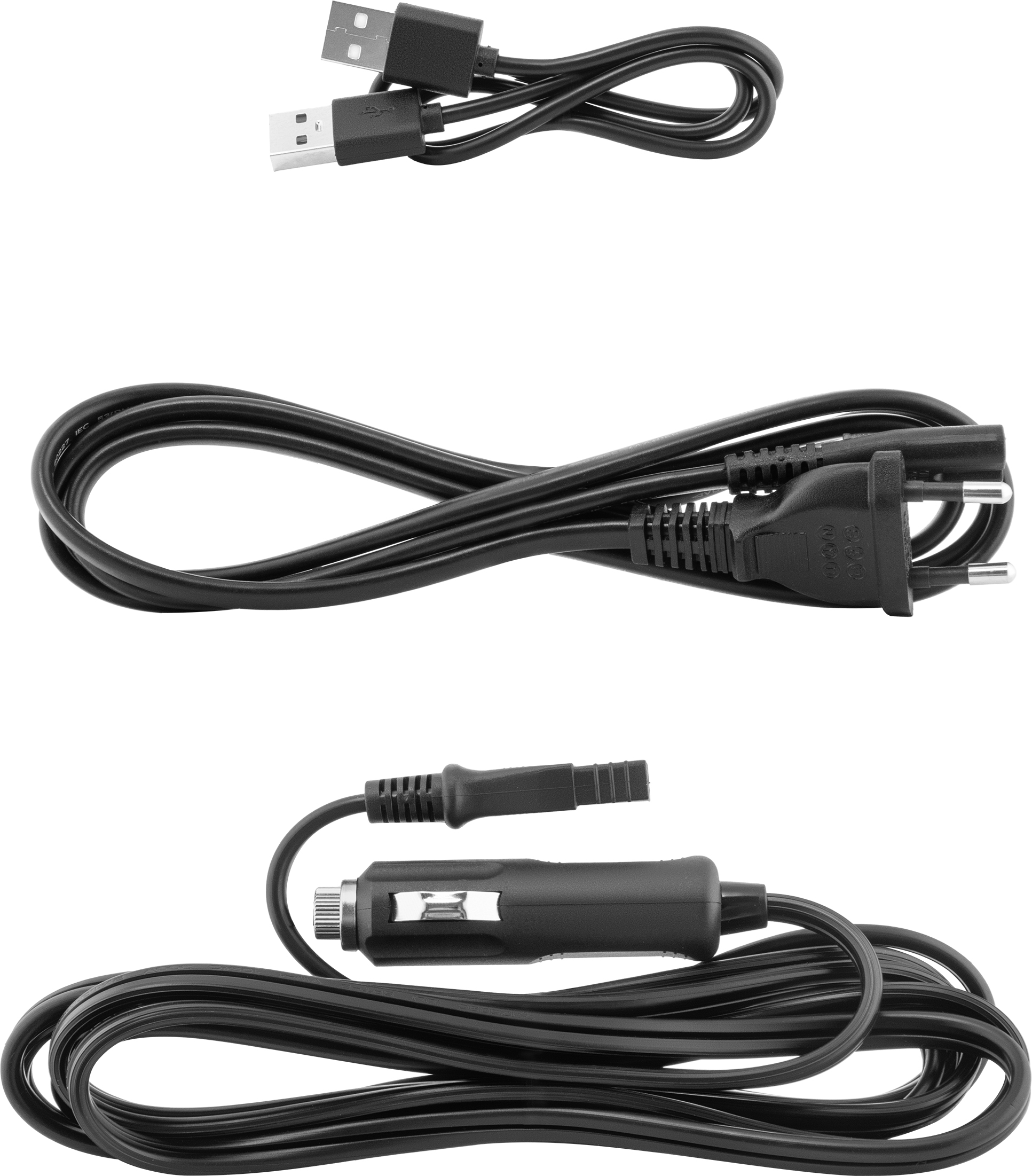 Fekete kábelek: USB-USB, tápkábel és autós töltőkábel.