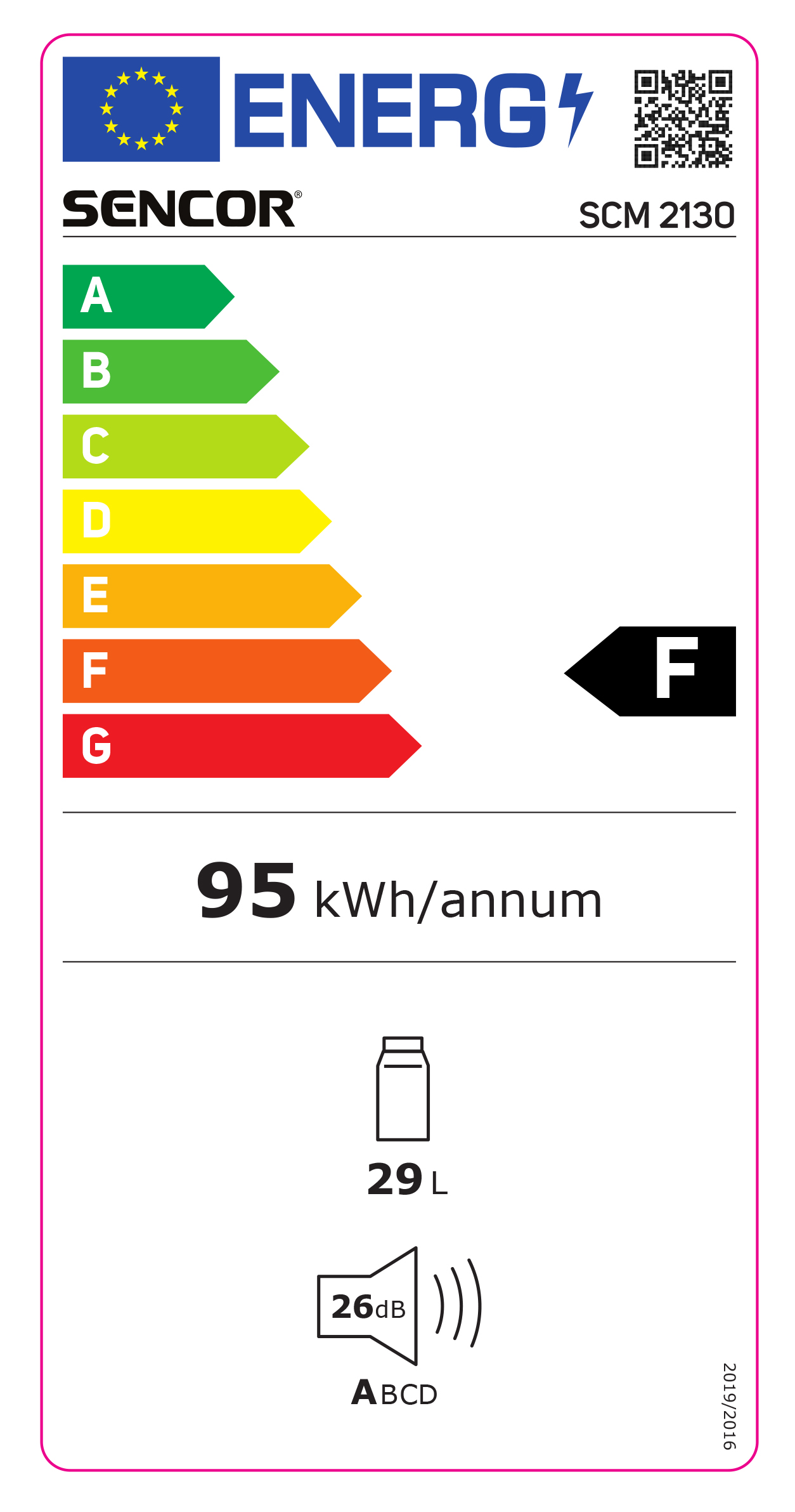 Hűtőszekrény energia címkéje. Tartalmazza az energiahatékonysági osztályt, kWh/év, zajszint infót.